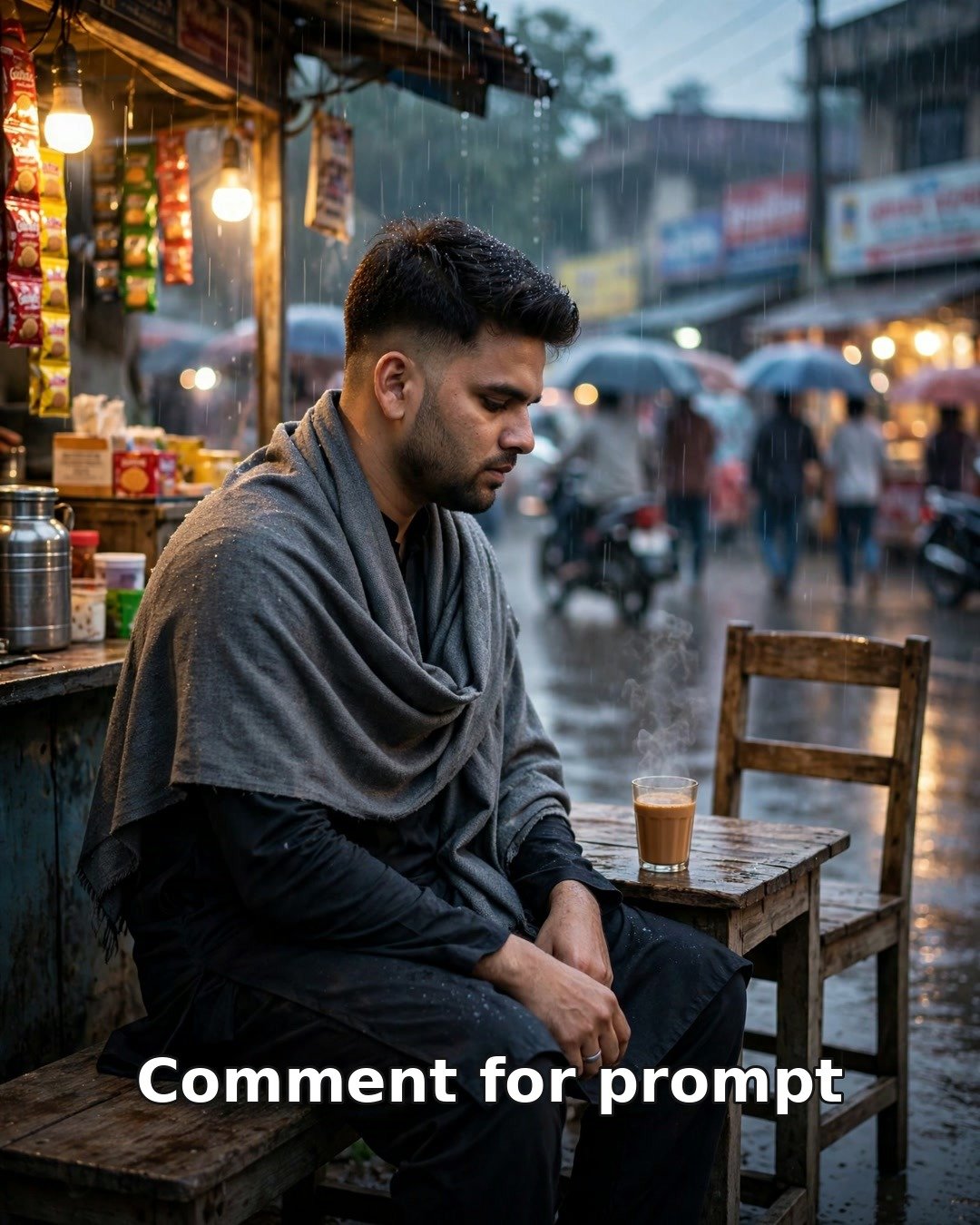 Sad AI solo photo of a young man alone at a rainy tea stall at dusk, gazing at an empty chair