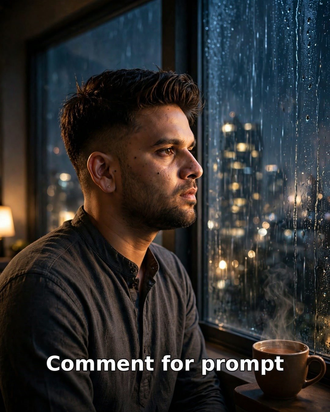 Sad AI solo photo of a young man beside a rain-streaked window at night with a cup of tea and blurred city lights