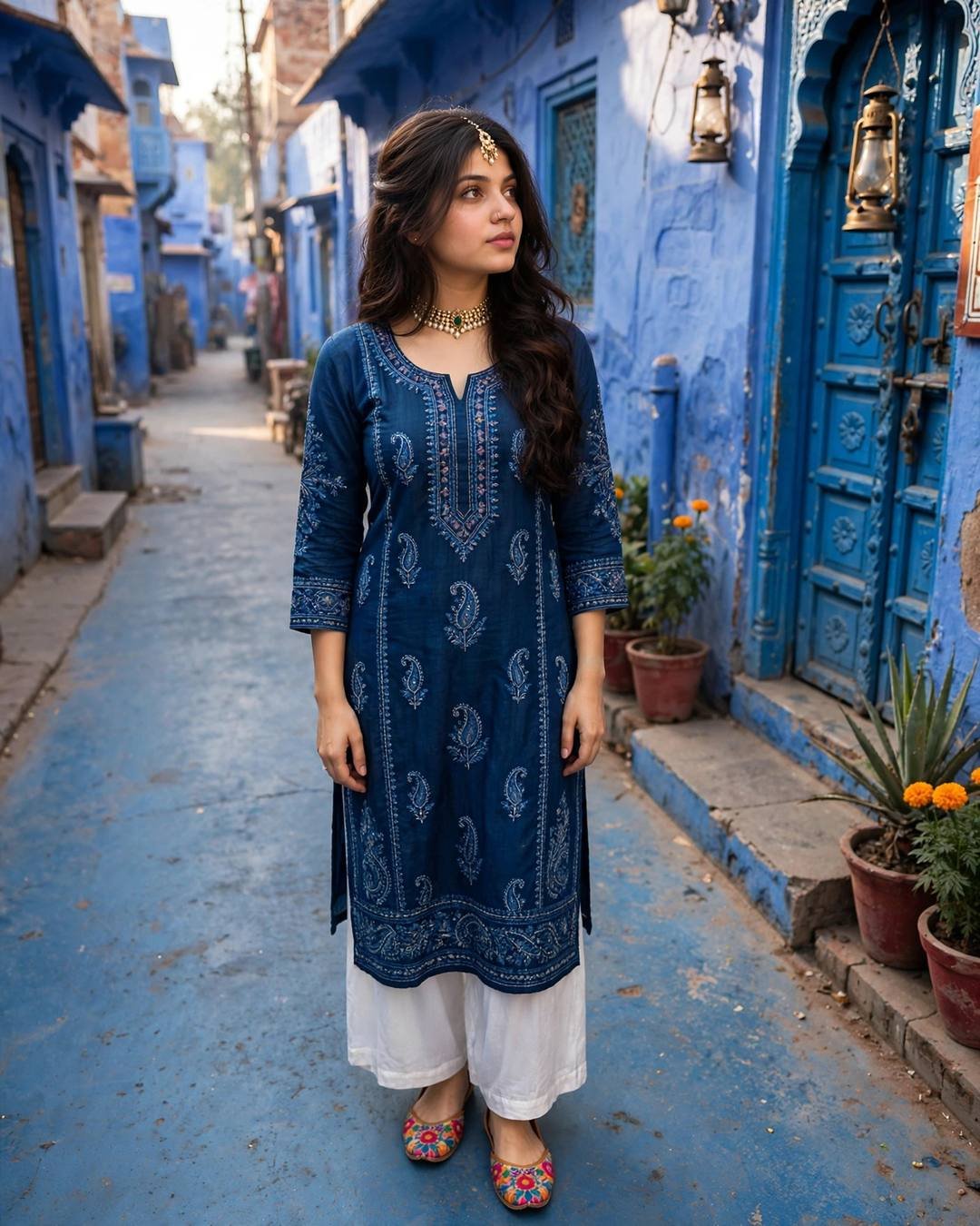Young woman in an indigo printed kurti, white palazzos and colourful juttis walking through a blue-painted lane of Jaipur's old city.