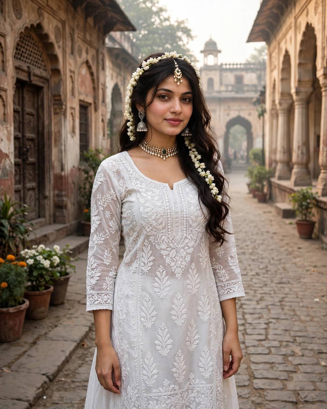 Young woman in a white chikankari kurta with silver jhumkas and a jasmine gajra in her hair, standing in an old Lucknow lane with Mughal arches.