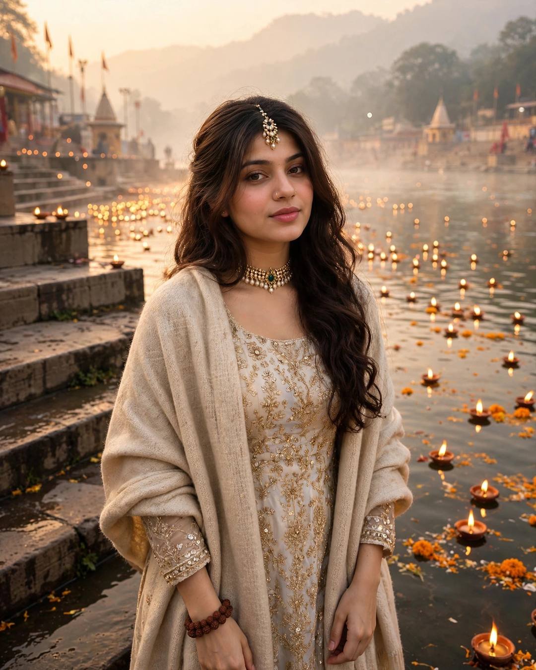 Young woman in an ivory kurta and woollen shawl at a Rishikesh ghat at sunrise, diyas floating on the Ganges