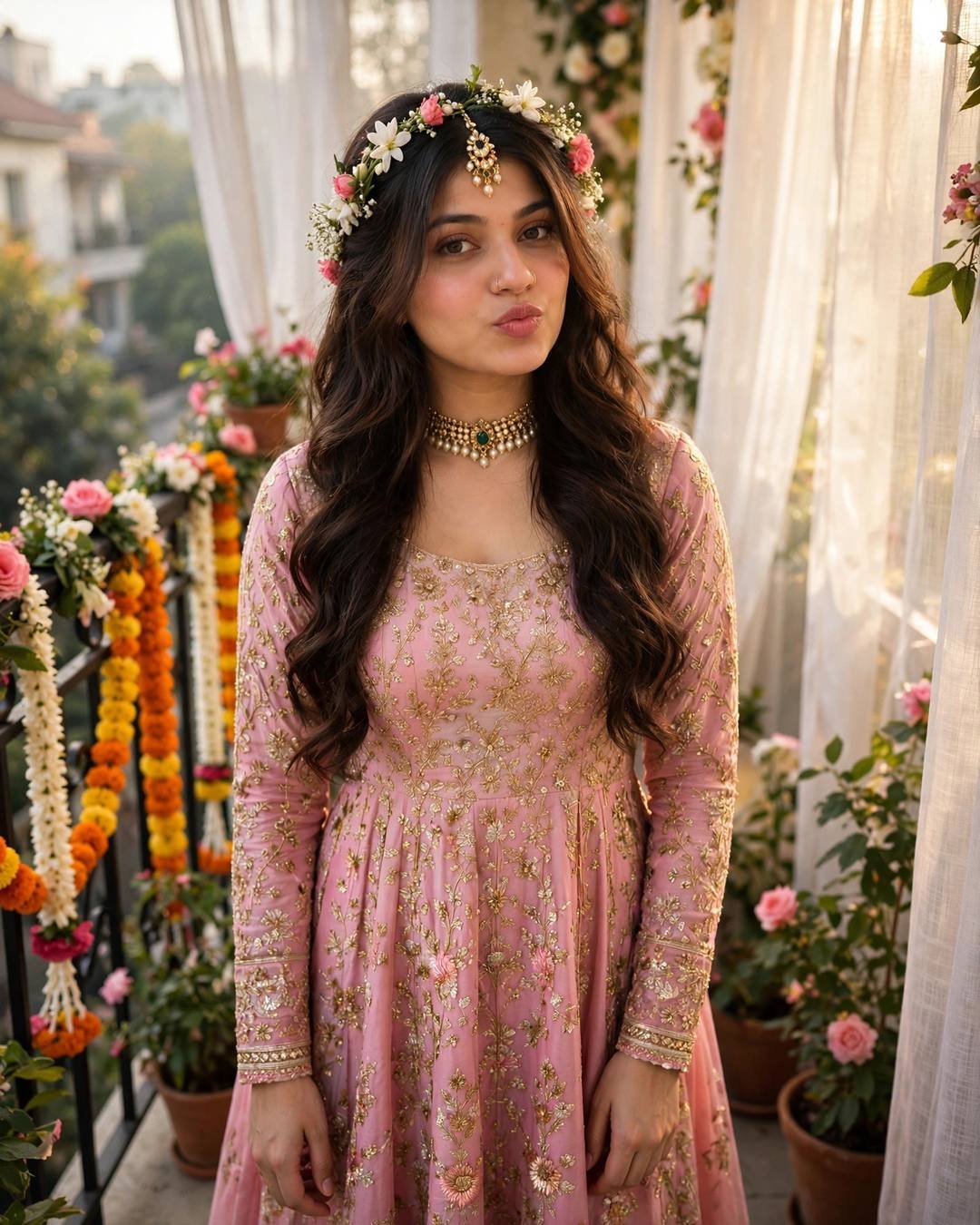 Young woman in a pink gota-patti anarkali with fresh flowers in her hair on a flower-decked balcony