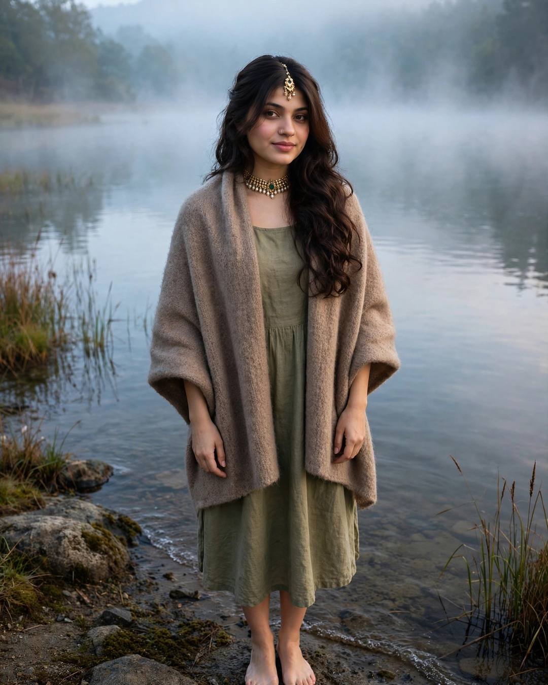 Young woman in a woollen shawl standing barefoot at the edge of a misty lake at dawn
