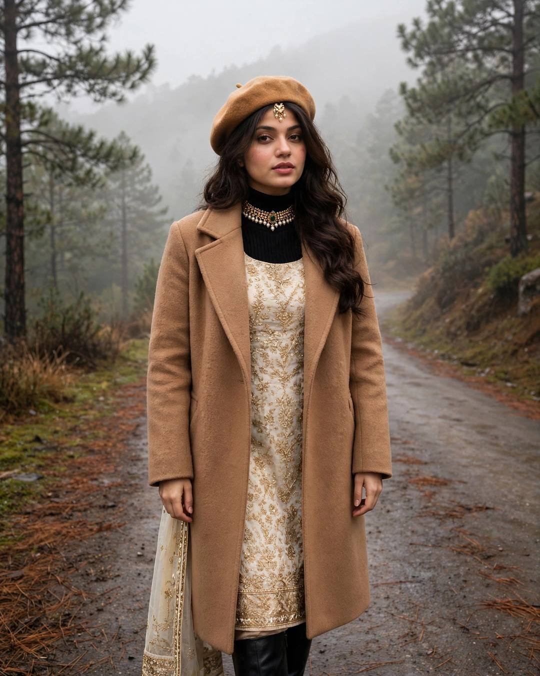 Young woman in a camel wool coat, turtleneck and beret on a misty pine-lined hill road