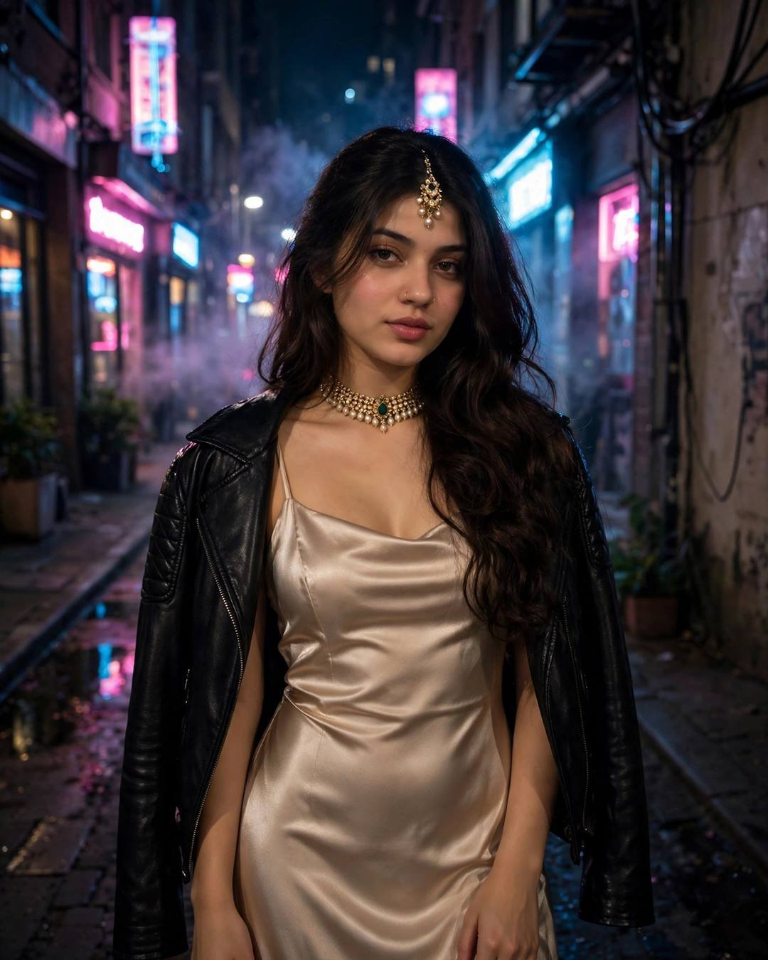Young woman in a champagne satin slip dress and leather jacket standing in a neon-lit alley at night