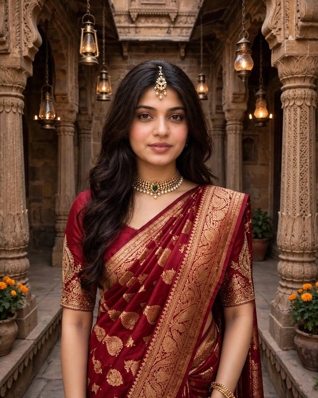 Young woman in a deep-red Banarasi silk saree with gold zari and temple jewellery in an old haveli courtyard