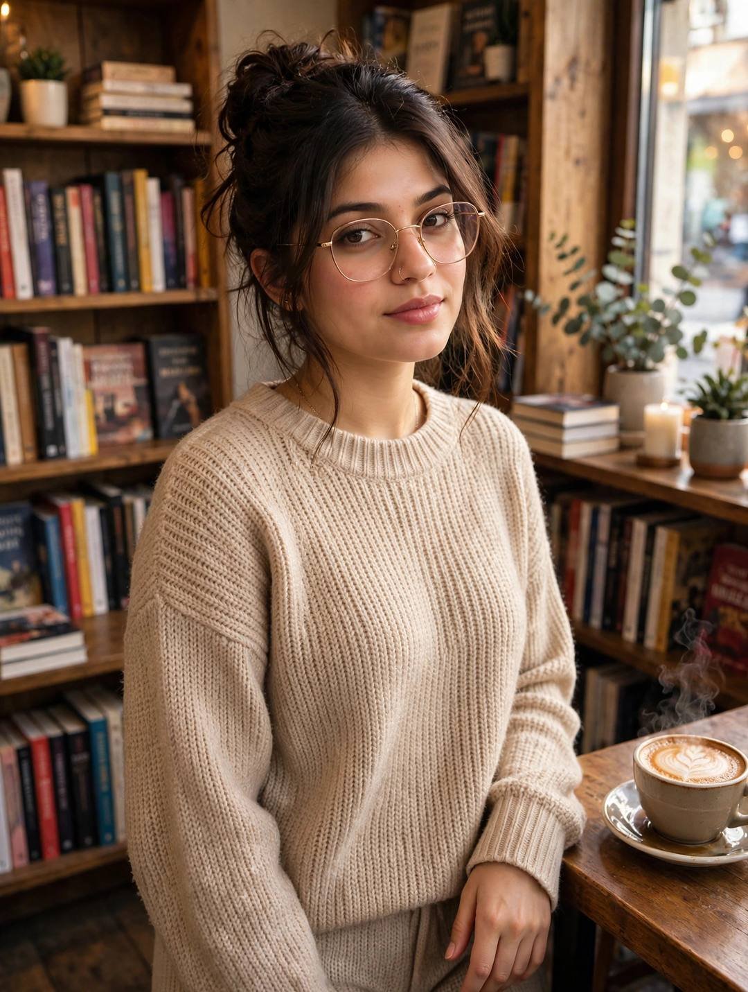 Young woman in a beige knit set with glasses and a messy bun in a bookstore cafe corner with a steaming cappuccino
