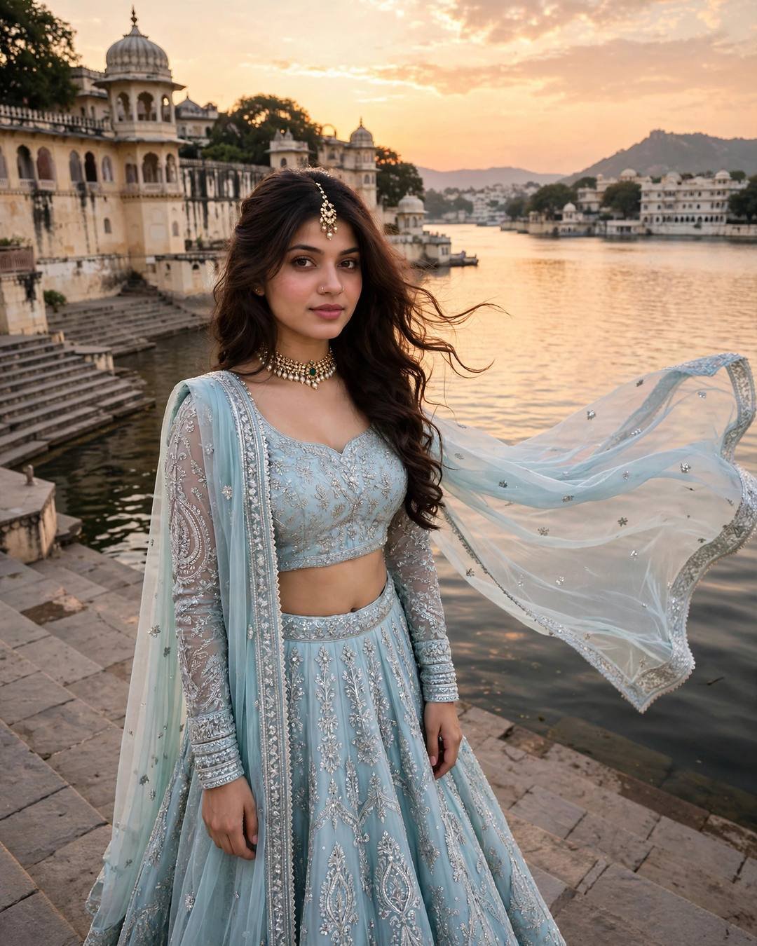 Young woman in a pastel-blue silver-embroidered lehenga standing on the steps of Lake Pichola, Udaipur, at sunset with her dupatta flying in the wind