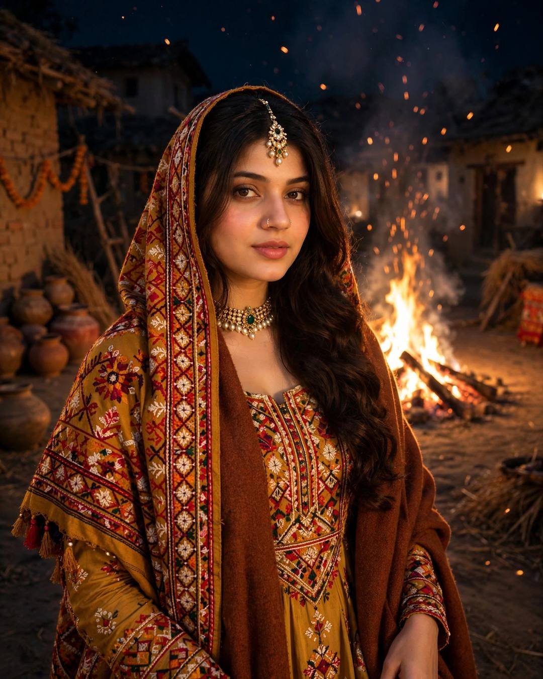 Young woman in a mustard phulkari-embroidered suit with a dupatta over her head, standing beside a Lohri bonfire at night with sparks rising