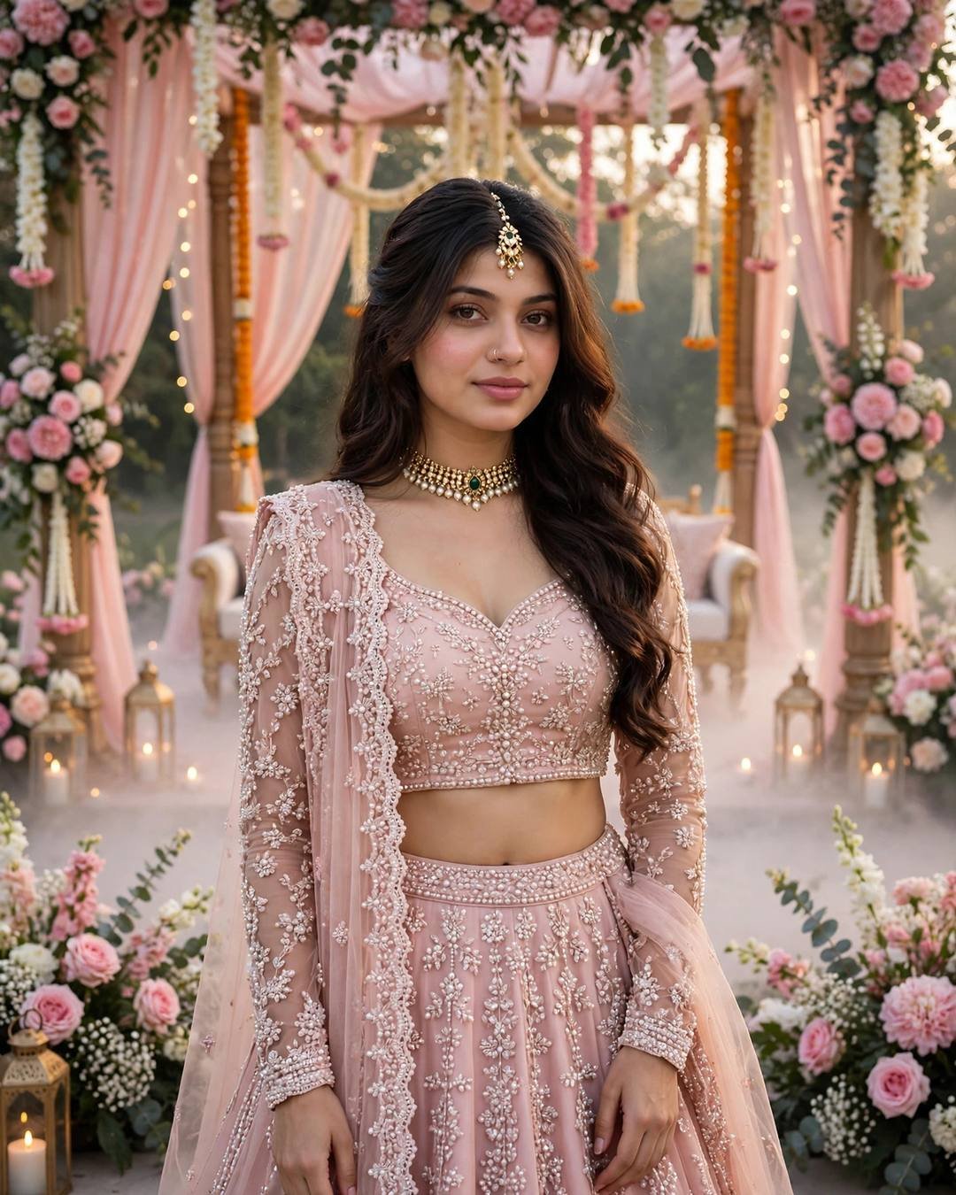 Young woman in a blush-pink pearl-embroidered lehenga standing under a flower mandap at dawn