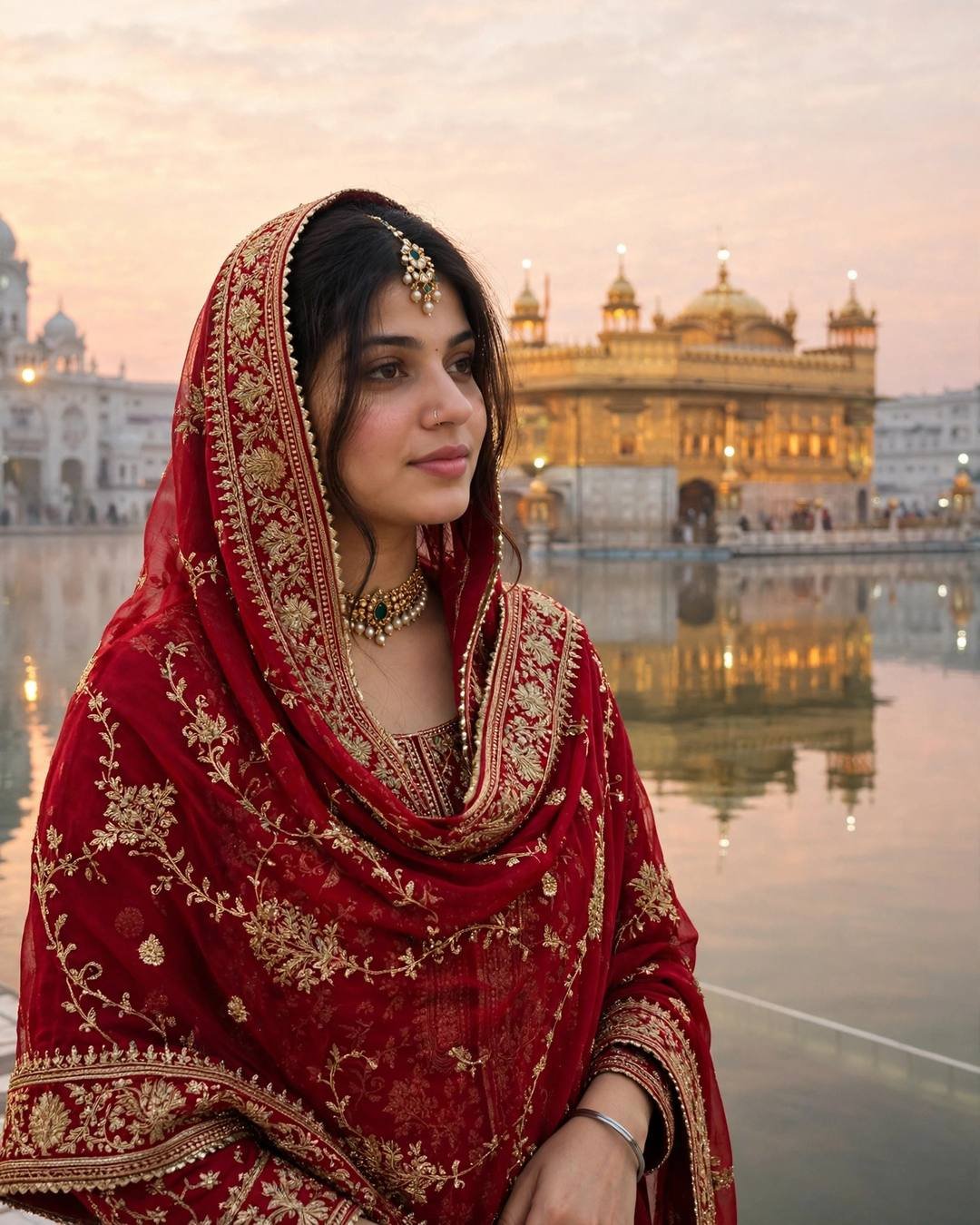 Young woman in a red phulkari-embroidered suit with dupatta over her head, standing before the Golden Temple at dawn with its reflection in the holy water