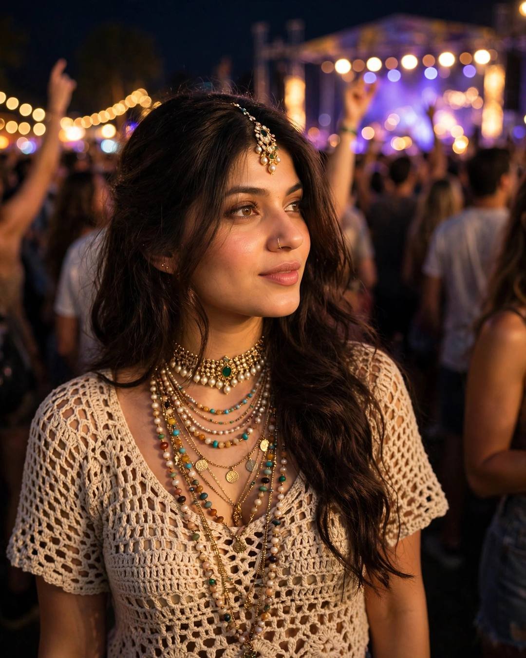 Young woman in a boho crochet top with layered jewellery at a night concert, stage lights blooming into bokeh behind her
