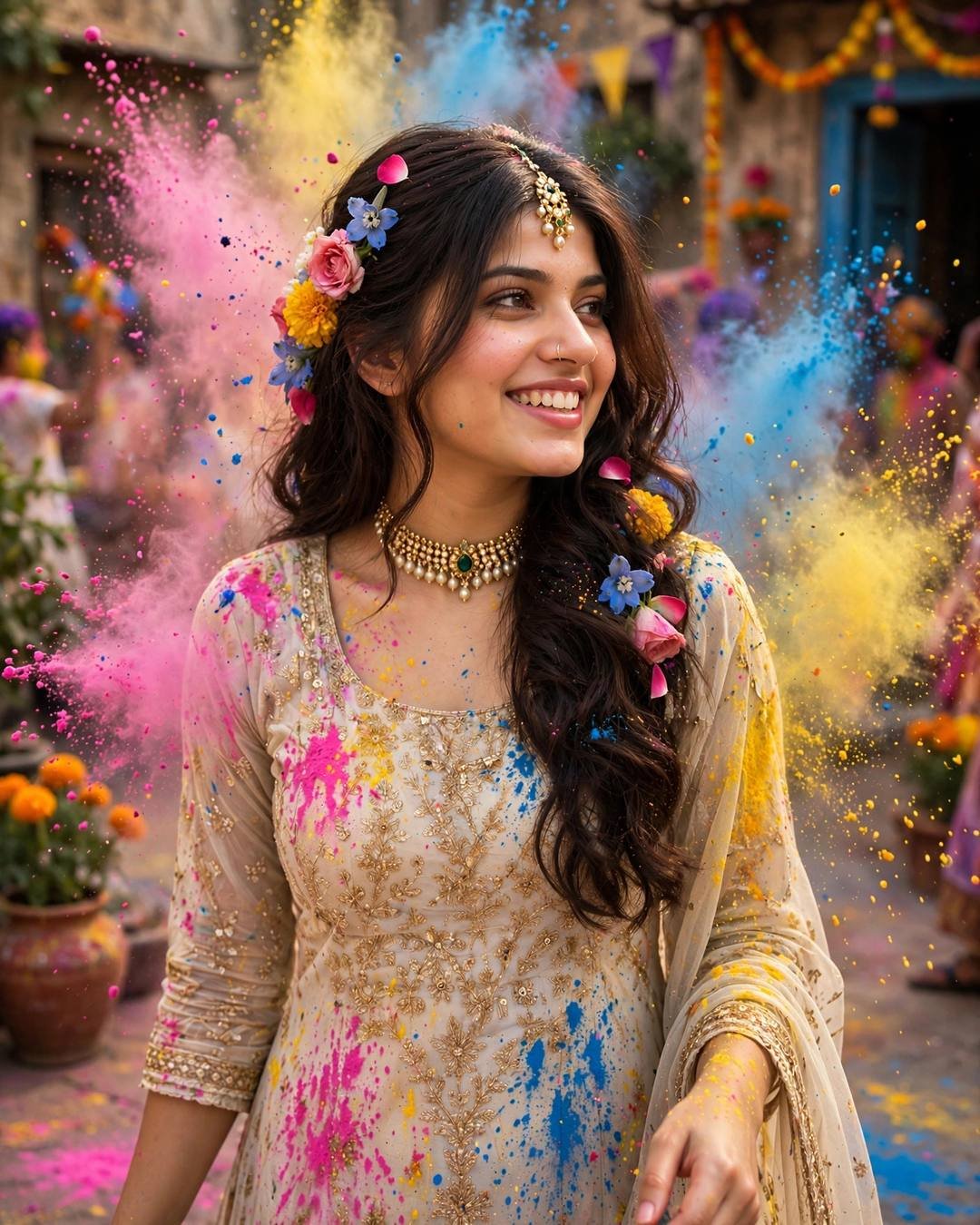 Young woman celebrating Holi with gulal colours in the air, flowers in her hair, white embroidered kurta