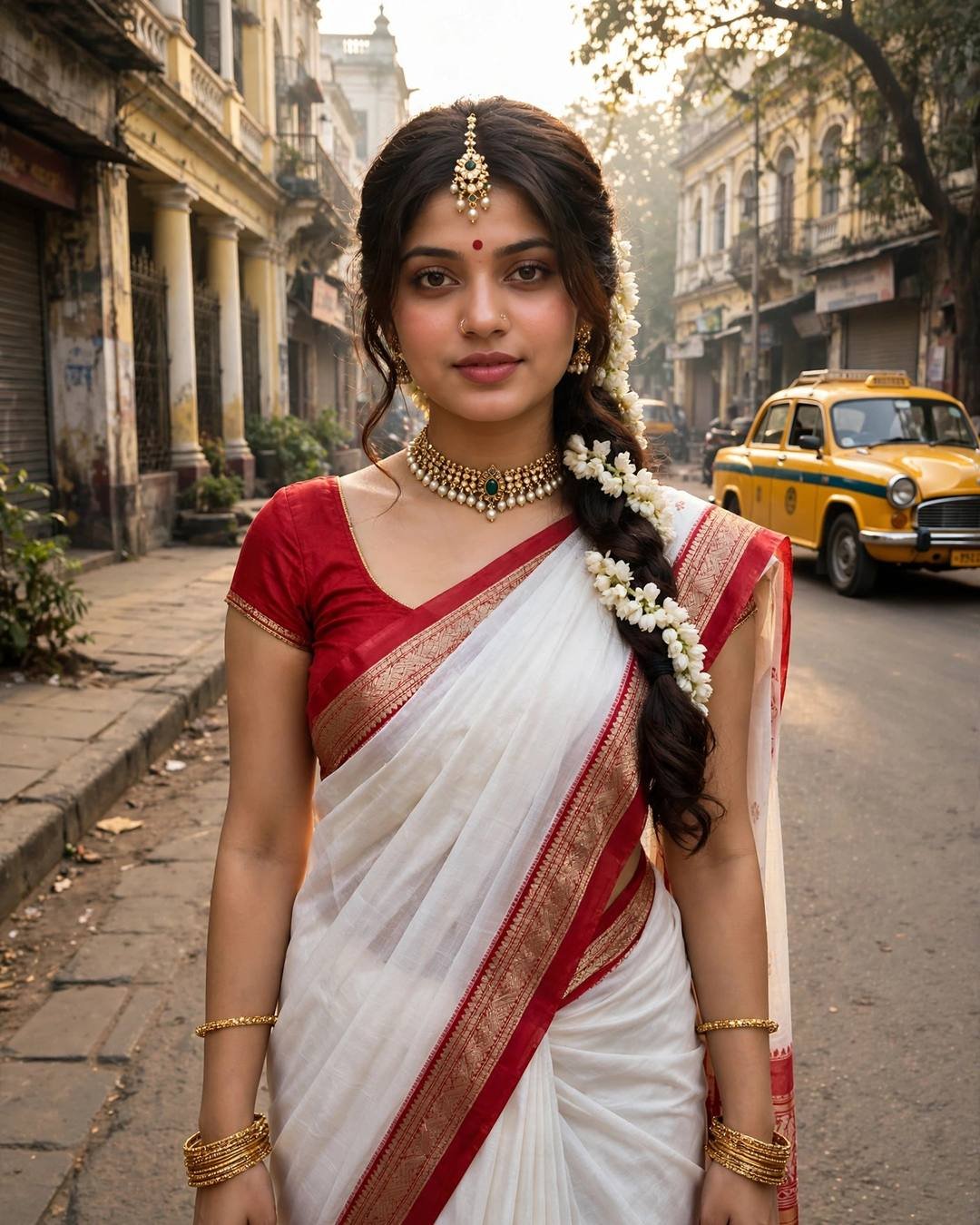 Young woman in white laal paar saree with red border standing on a Kolkata street with yellow taxi behind