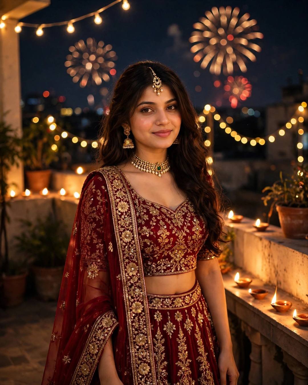 Young woman in a deep-red gold-zardozi lehenga with jhumkas on a Diwali terrace lit by diyas, fairy lights and fireworks