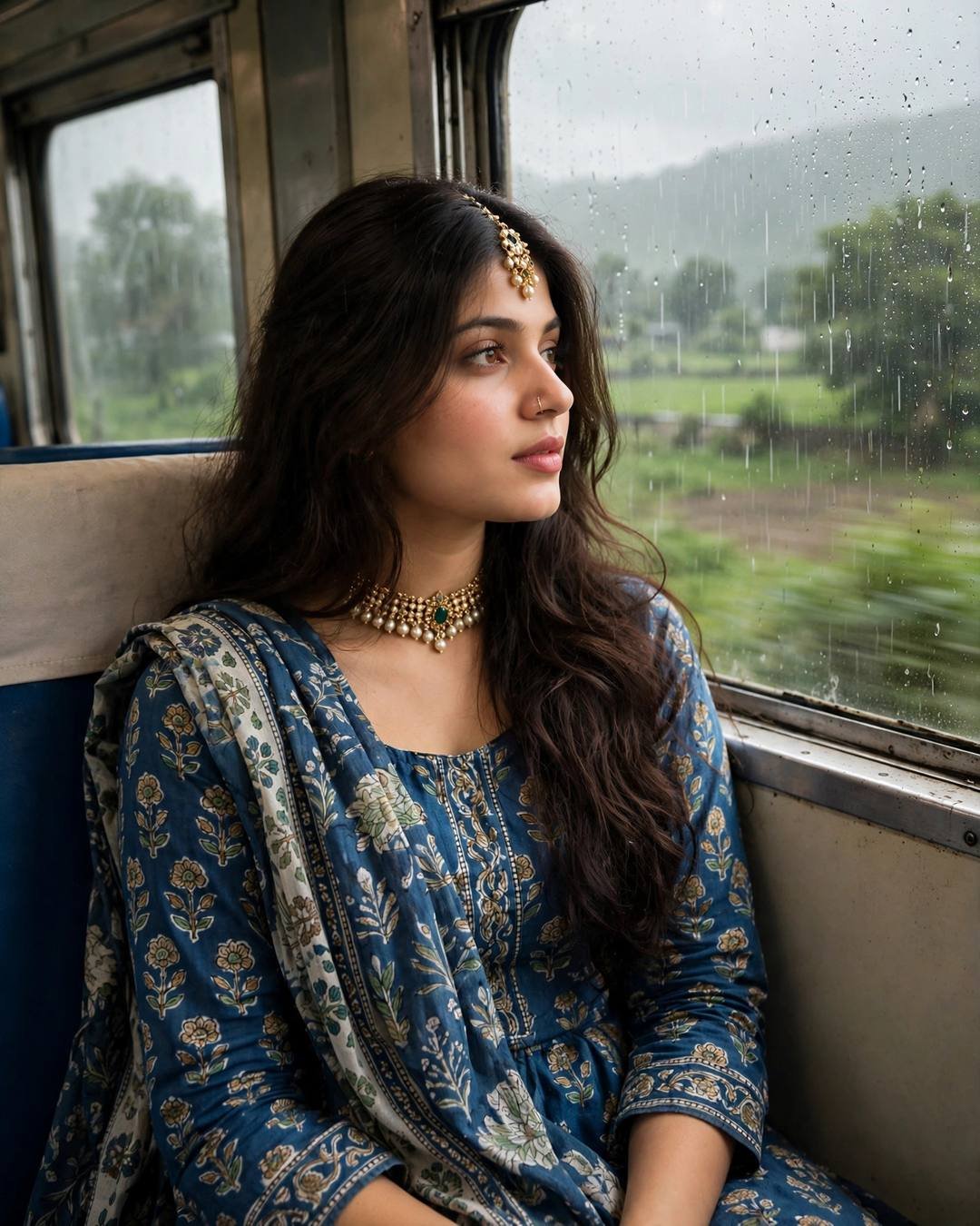 Young woman in indigo printed kurti with loose hair gazing out of a rain-streaked train window at green monsoon fields