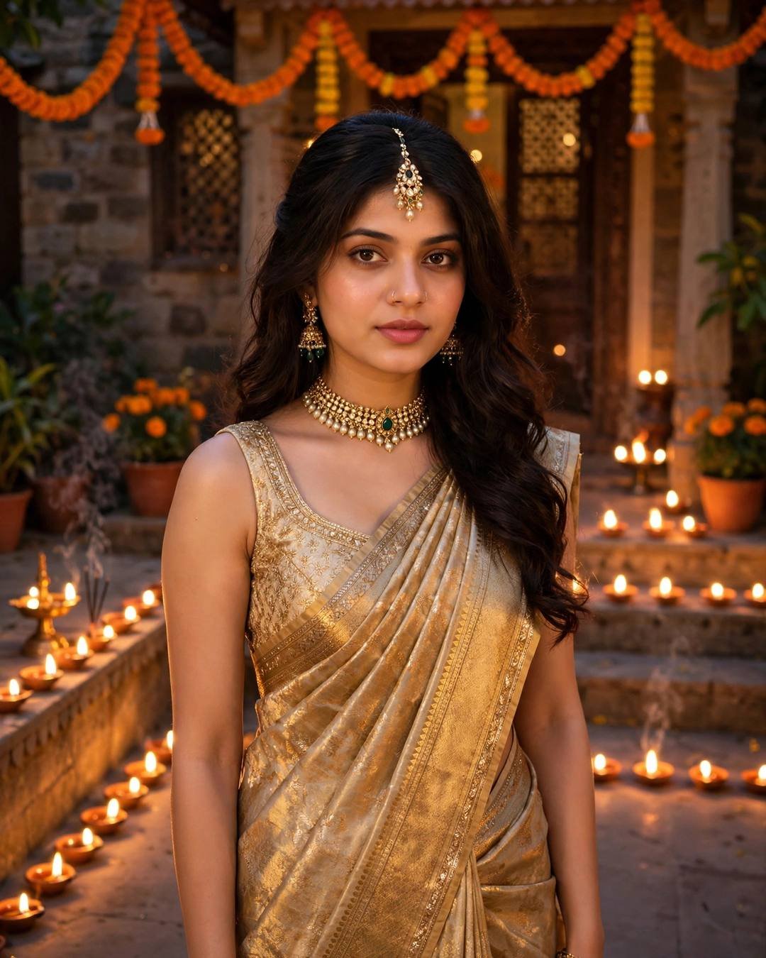 Young woman in gold tissue saree with temple jewellery standing in a courtyard lit with rows of diyas and marigold torans