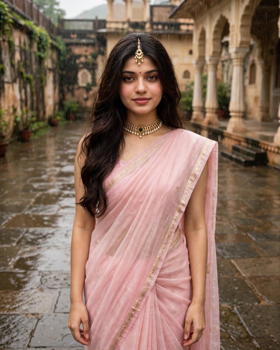Young woman in pastel pink kota doria saree with gold border standing in a rainy palace courtyard
