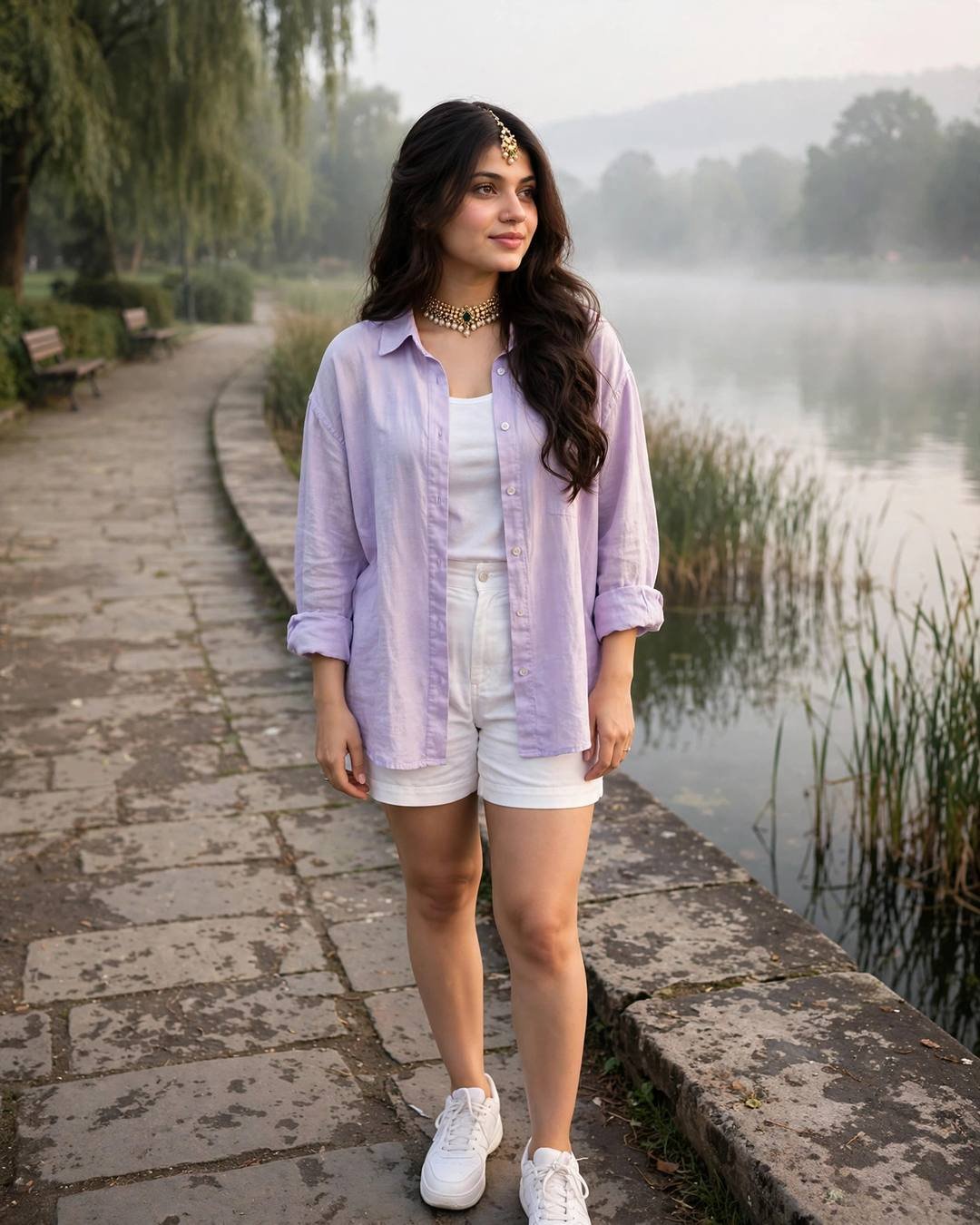 Young woman in pastel lilac overshirt and white shorts walking on a misty lakeside promenade