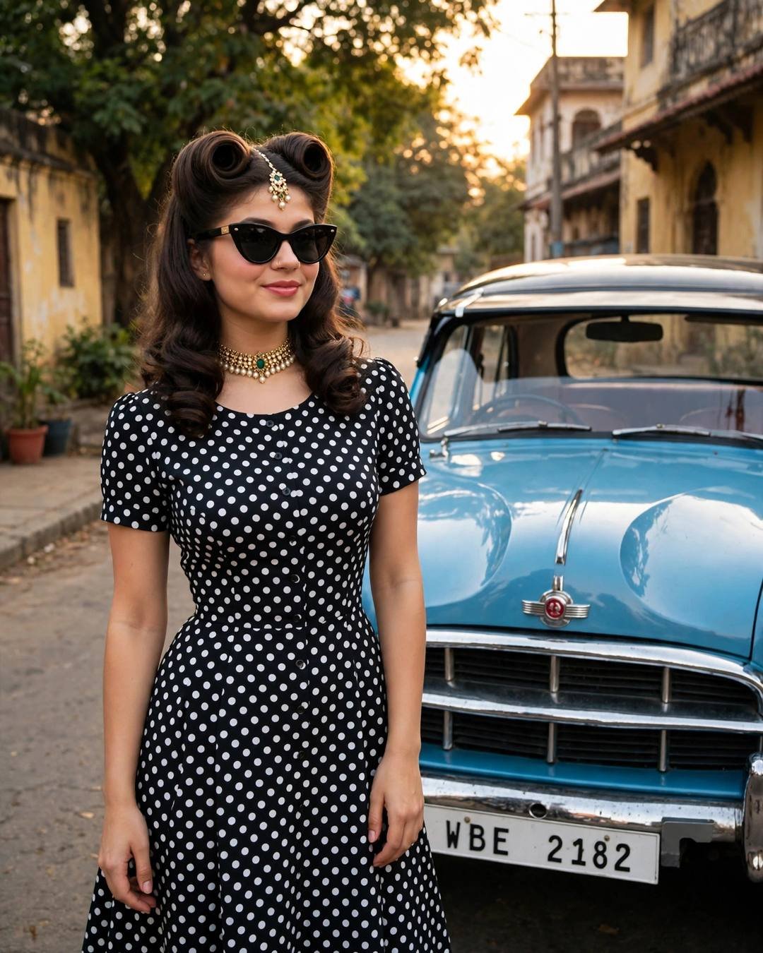 Young woman in a retro black polka-dot dress, cat-eye sunglasses and victory rolls, standing beside a vintage Ambassador car