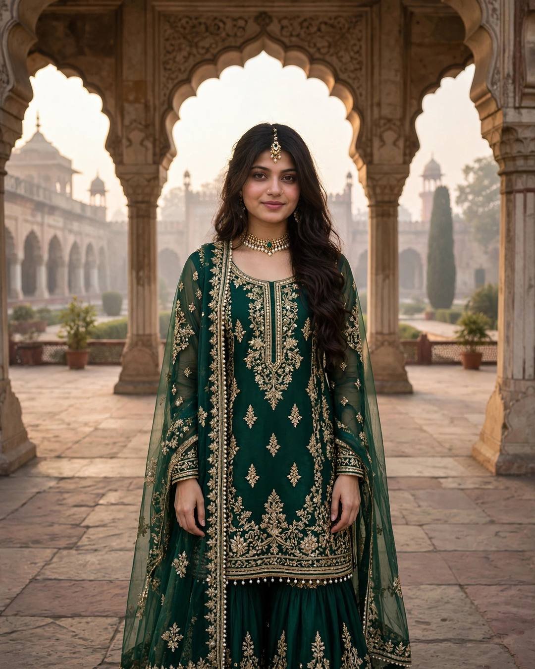 Young woman in an emerald-green embroidered sharara with sheer dupatta in a Mughal courtyard at sunrise