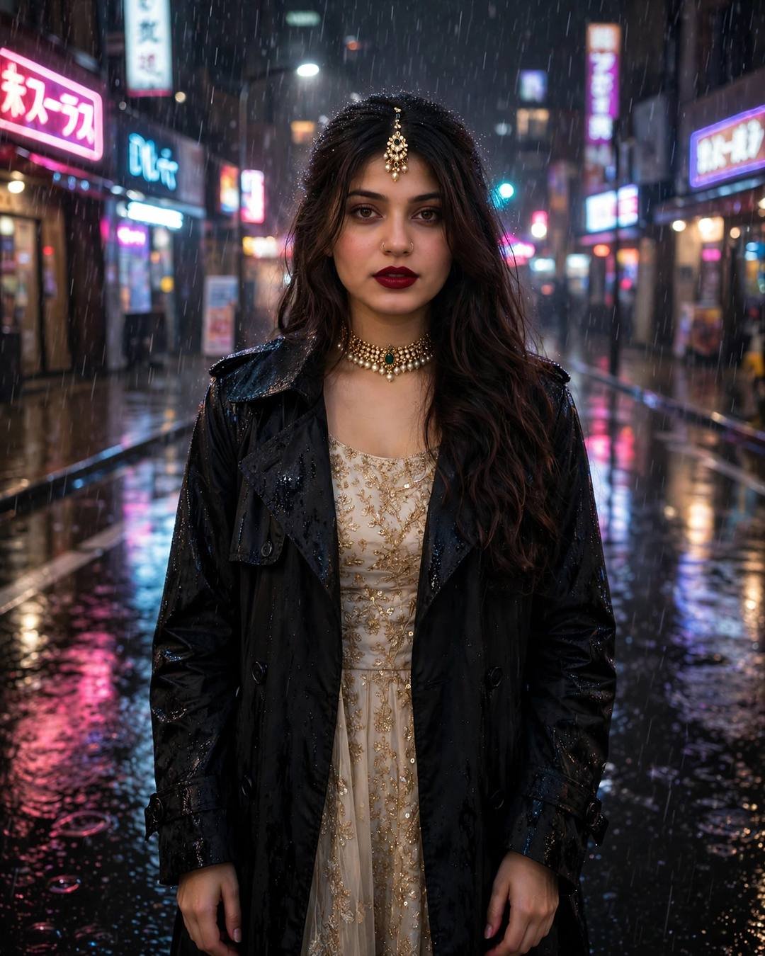 Young woman in a black trench coat over an embroidered dress standing on a neon-lit rainy city street at night