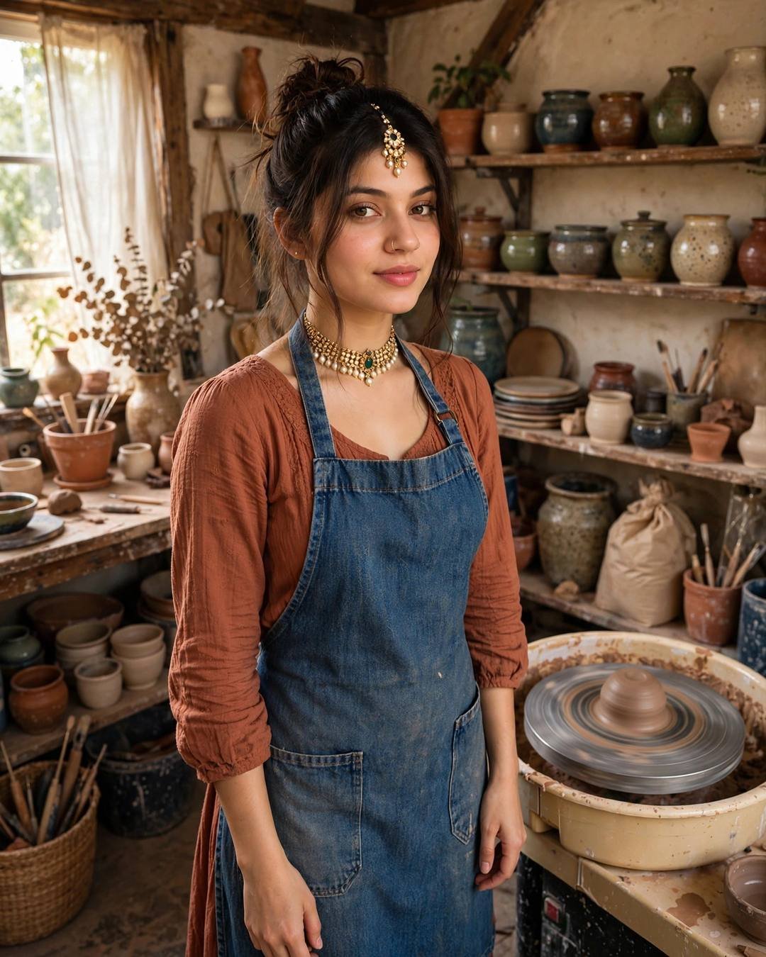 Young woman in a denim apron over a terracotta dress standing beside a pottery wheel in a studio of glazed pots