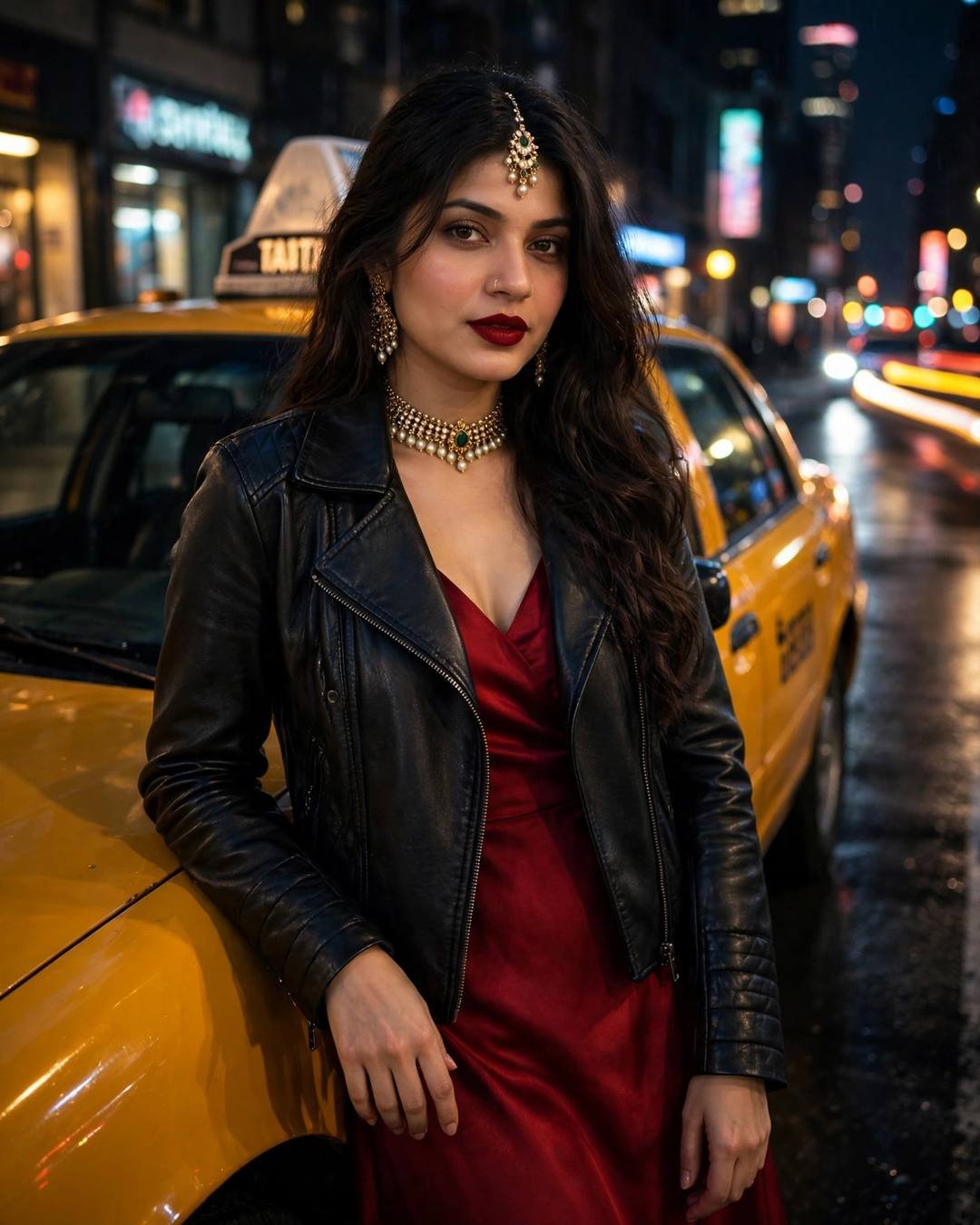 Young woman in a black leather jacket over a red satin dress leaning on a yellow taxi on a midnight city street