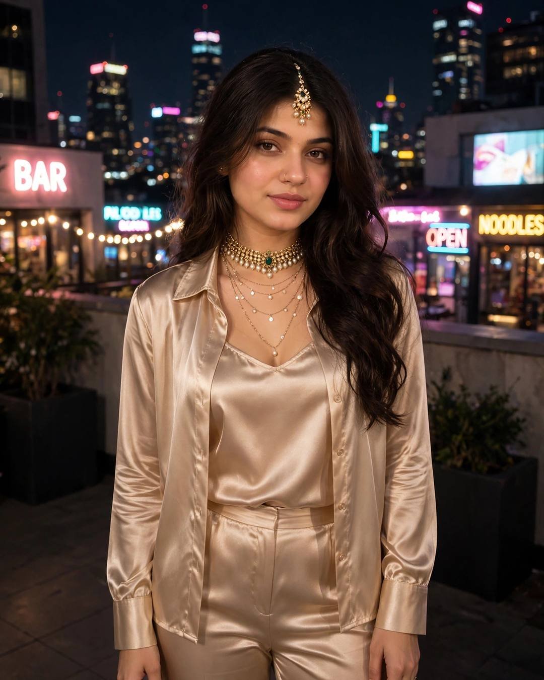 Young woman in a champagne satin co-ord set on a rooftop at night with neon signboards glowing across the skyline