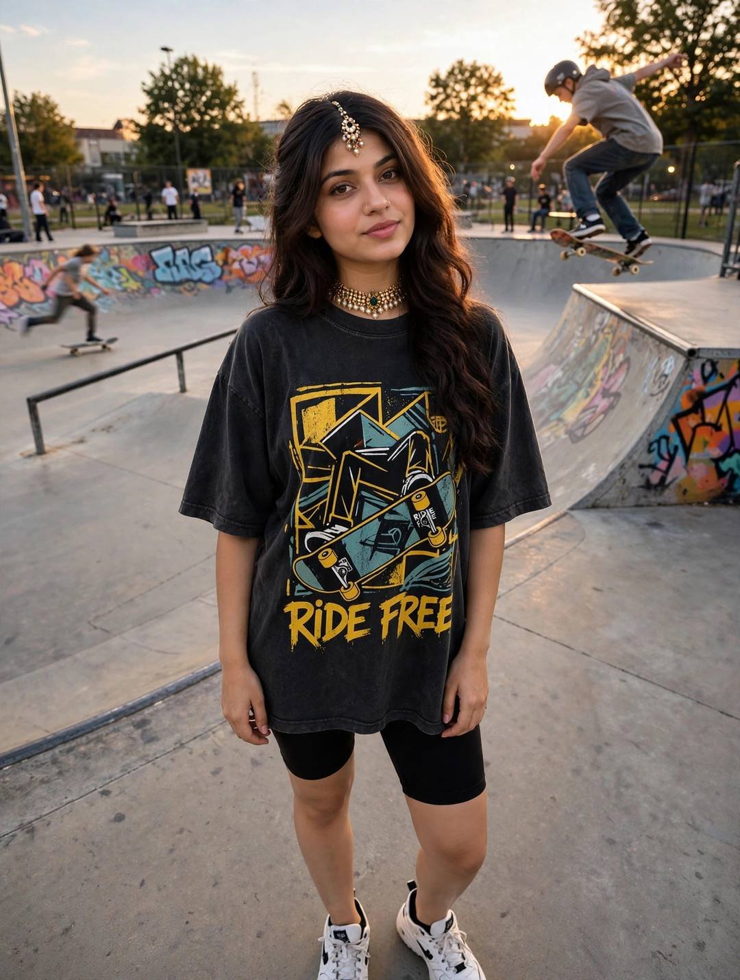 Young woman in an oversized graphic tee and biker shorts at a skatepark during golden hour