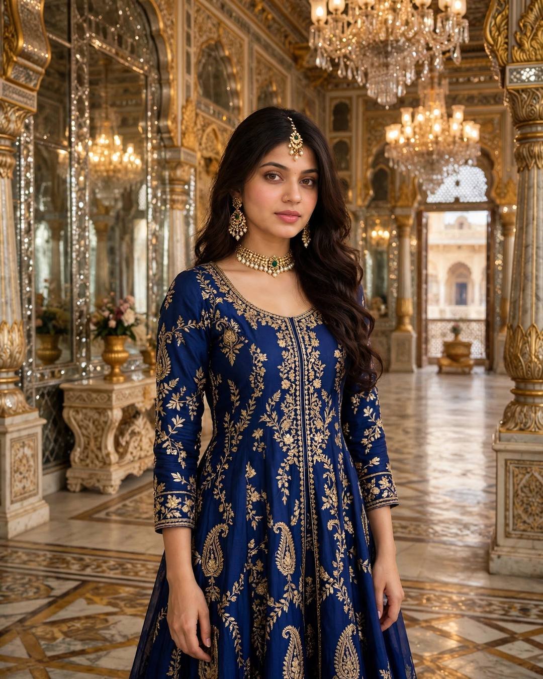 Young woman in royal blue anarkali with gold embroidery in a palace durbar hall with chandeliers