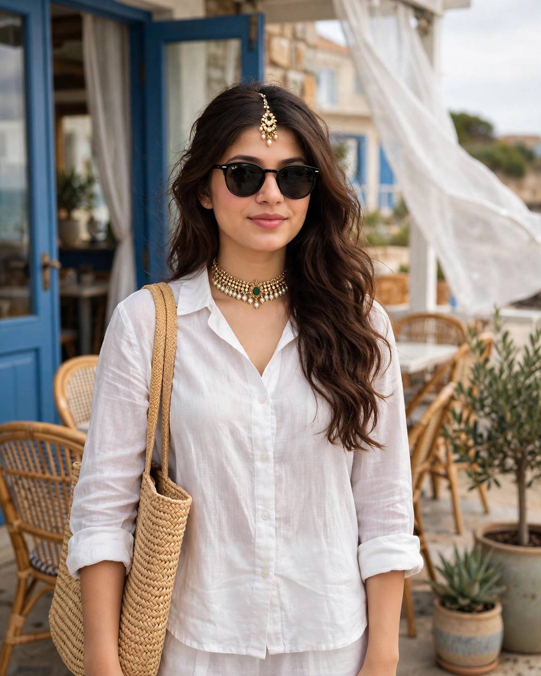 Young woman in white linen co-ord with straw tote and sunglasses outside a coastal café with blue doors