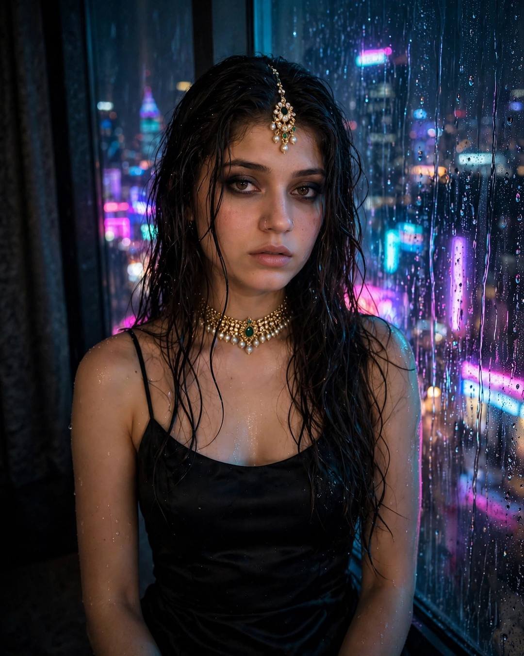 Woman in black slip dress with wet-look hair and smoky eyes at a rain-streaked hotel window with neon city lights