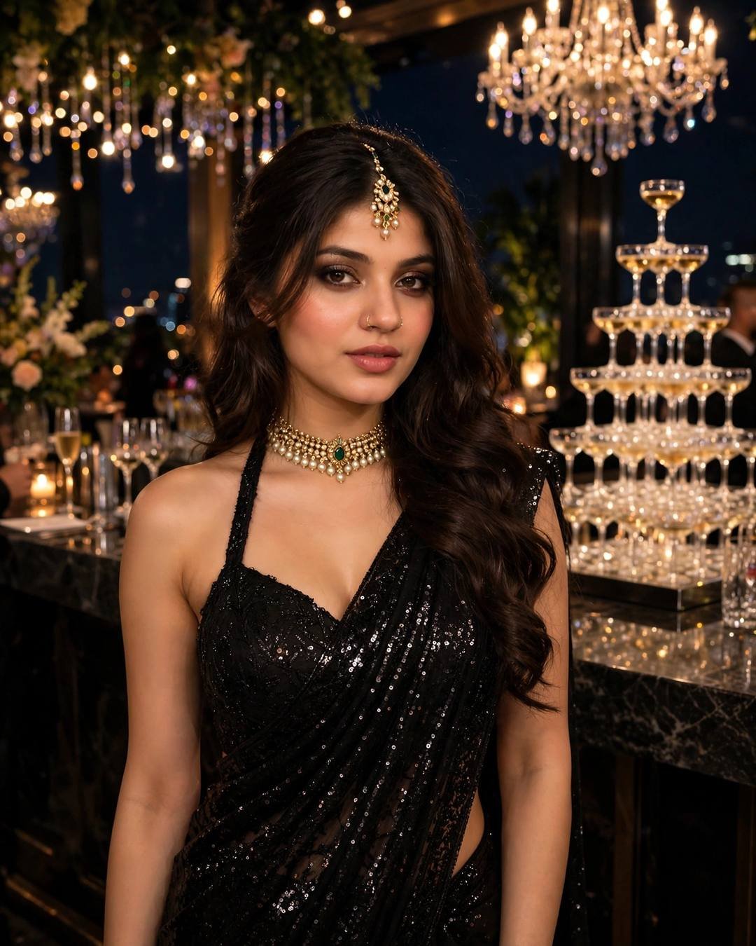 Young woman in black sequin saree with halter blouse and smoky eyes standing beside a champagne tower at a cocktail night venue