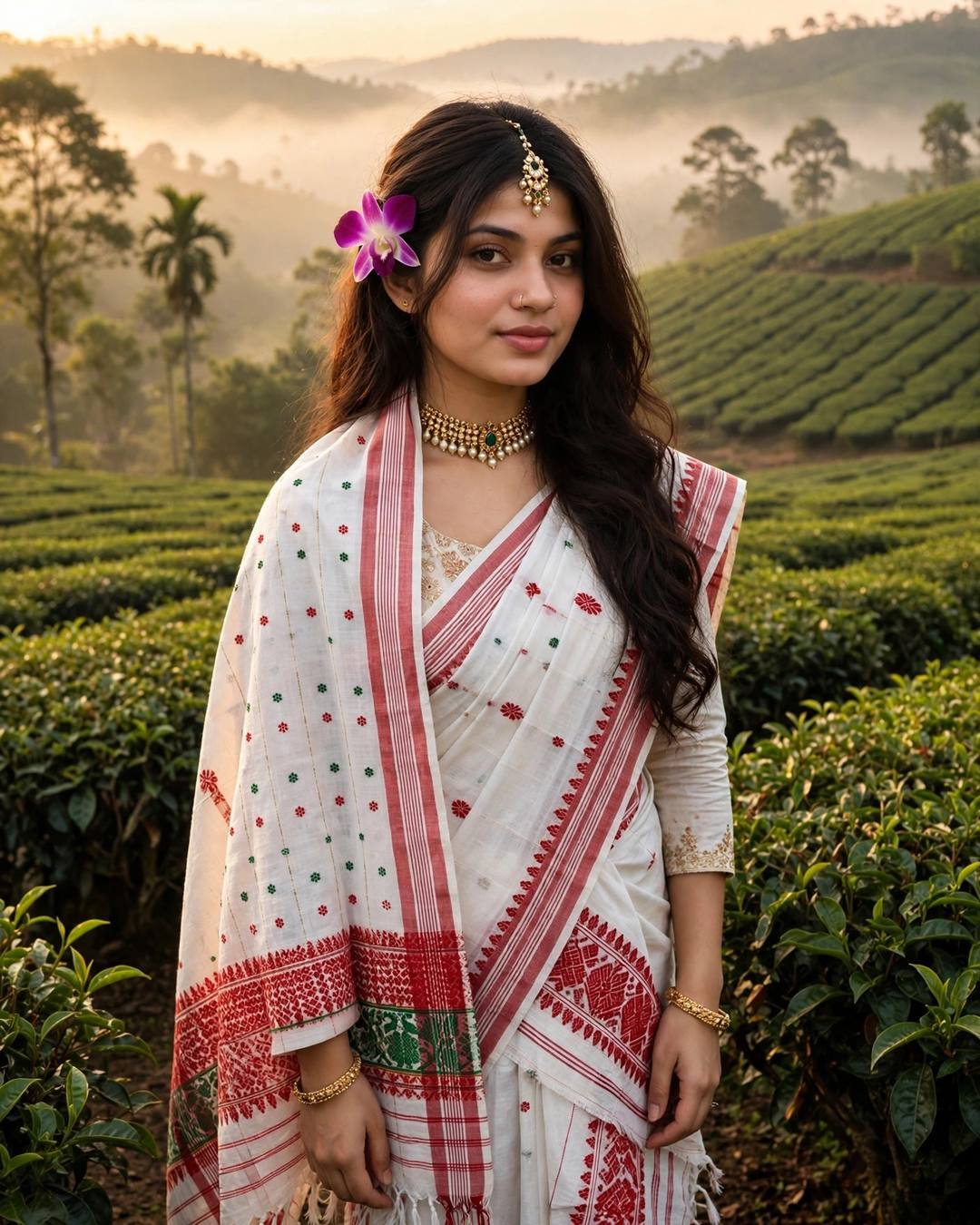 Woman in white-red mekhela chador with an orchid in her hair in an Assam tea garden at golden hour