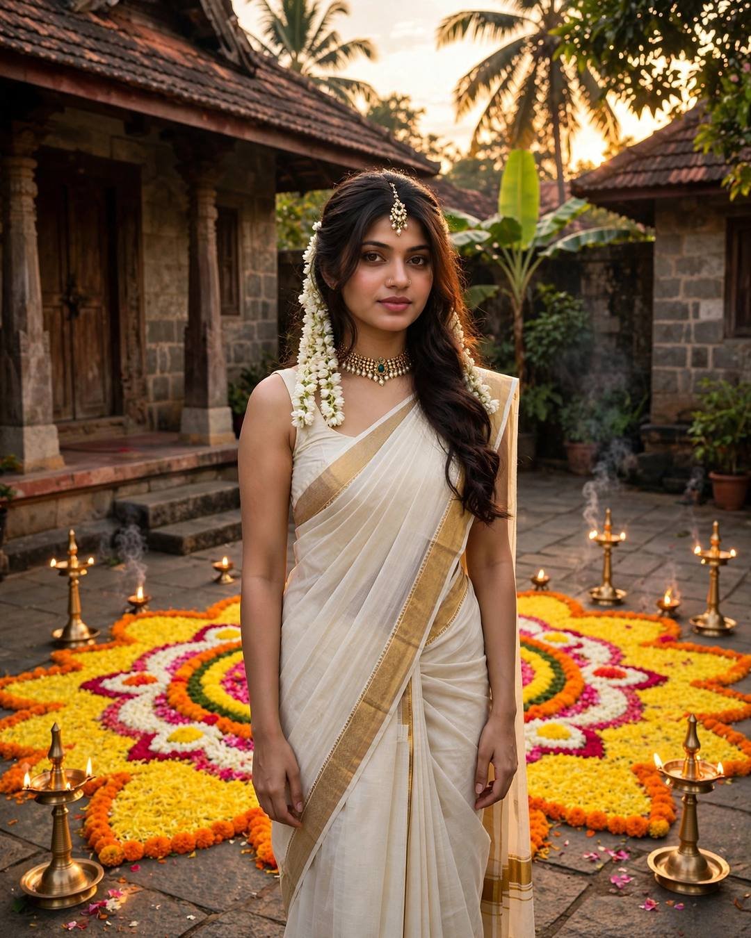 Woman in off-white kasavu saree with jasmine gajra beside a pookalam and brass lamps in a Kerala courtyard