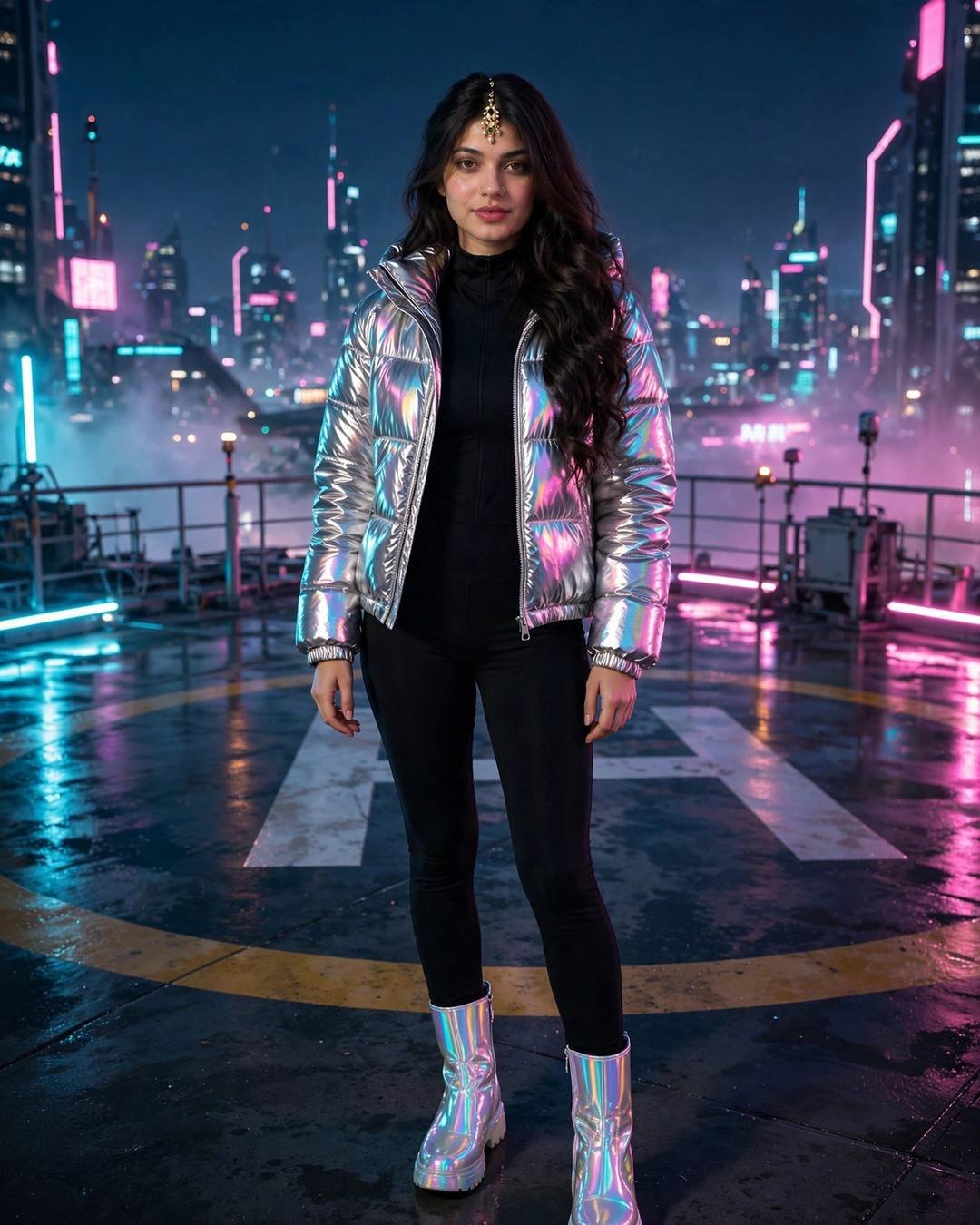 Woman in metallic silver puffer jacket and holographic boots on a neon-lit rooftop helipad at night