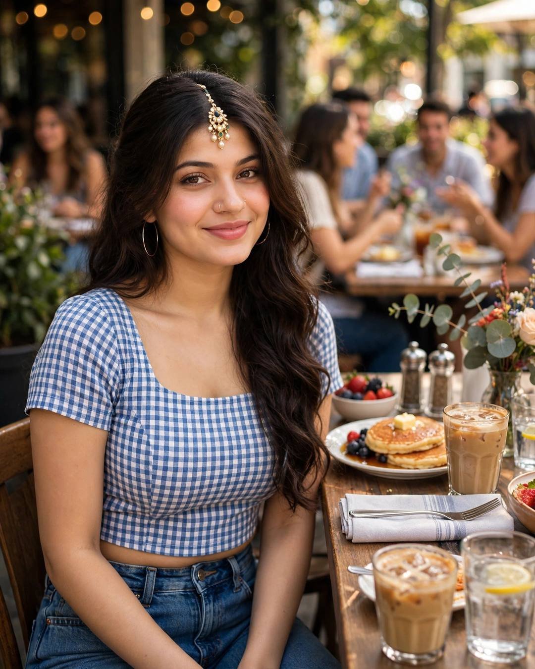 Young woman in blue gingham crop top and high-waist jeans sitting at a sunny outdoor brunch table with pancakes and iced coffee