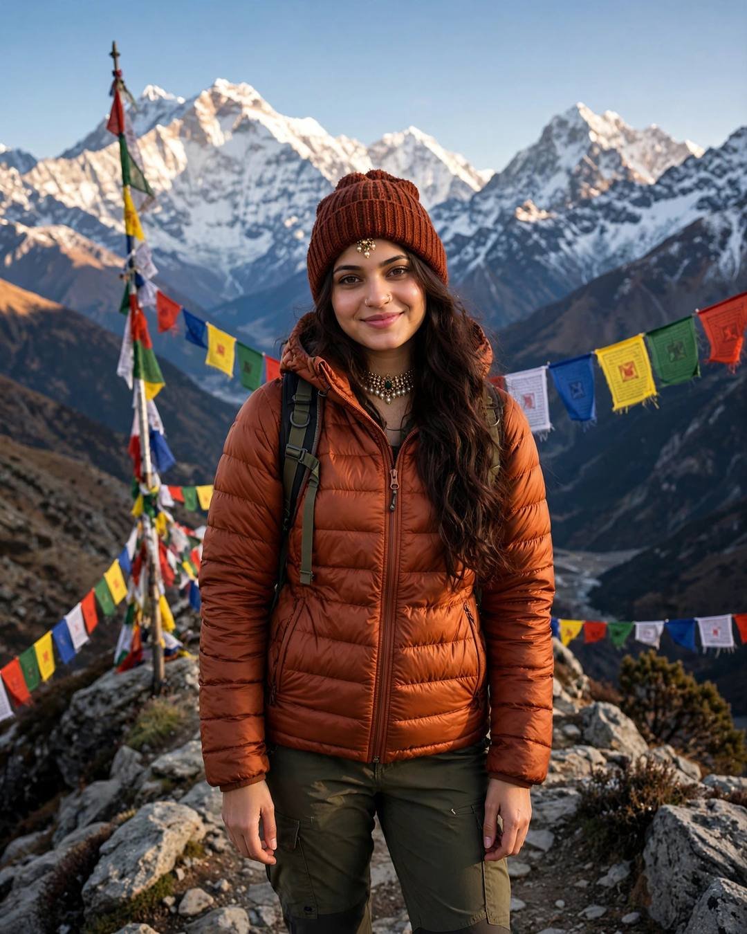 Young woman in rust puffer jacket and beanie standing on a Himalayan ridge trail with prayer flags and snow peaks behind