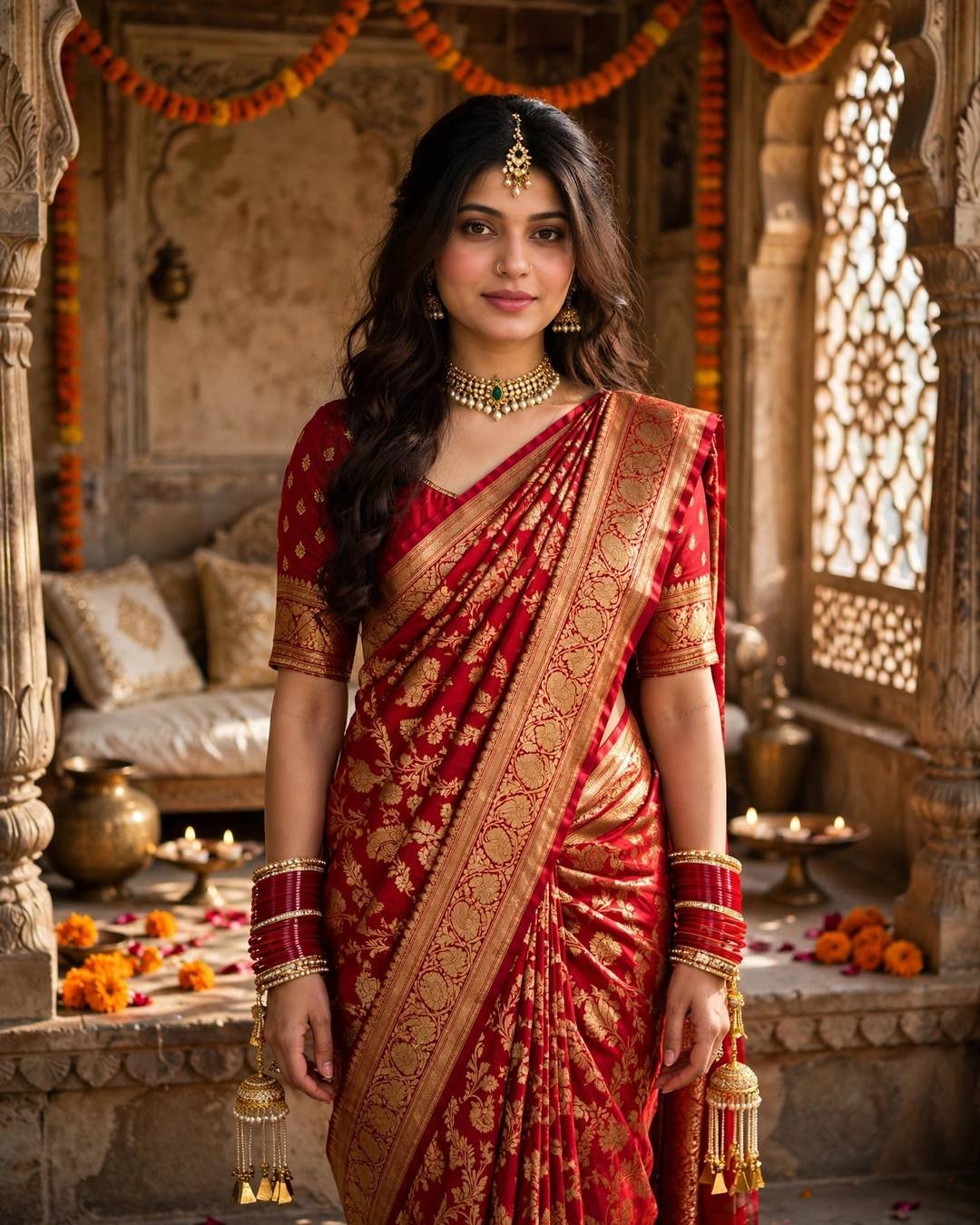 Young woman in bridal red Banarasi silk saree with gold zari and kalire standing in an old palace bridal chamber with marigold garlands