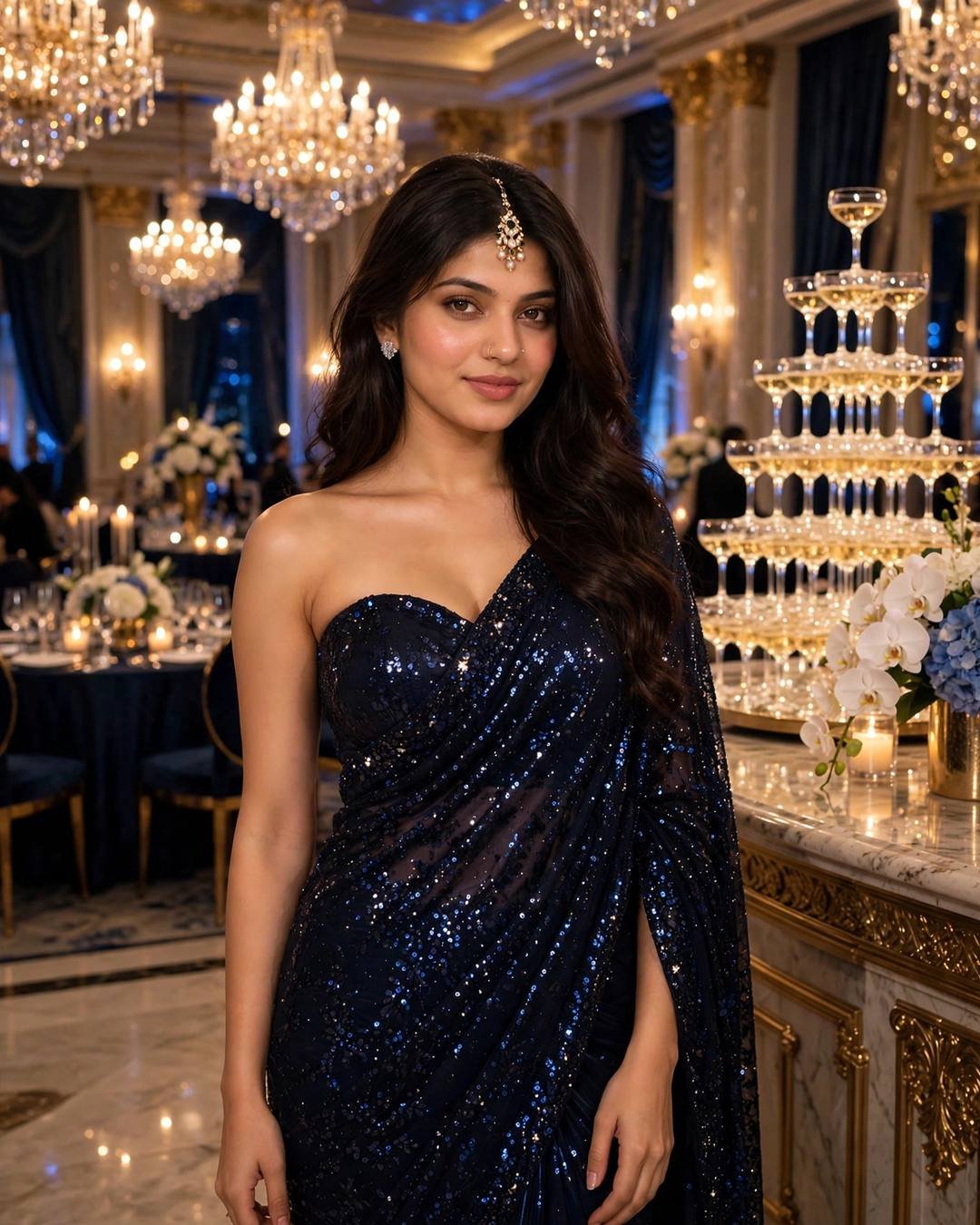 Young woman in a midnight-blue sequin saree with strapless blouse standing in a chandelier-lit luxury hotel ballroom beside a champagne tower
