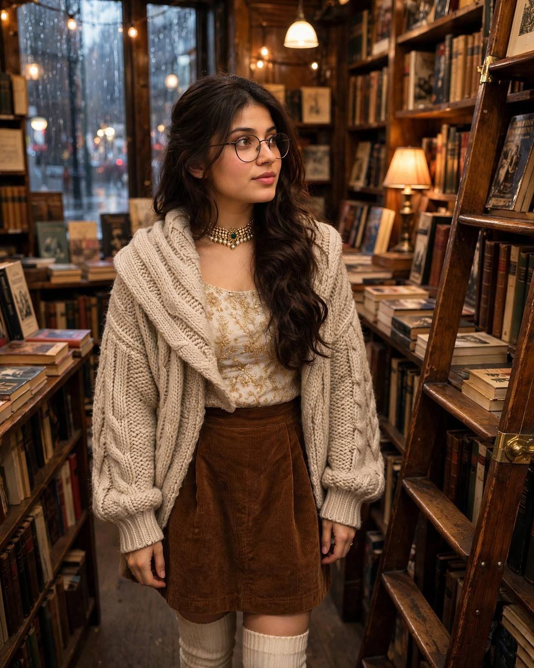 Young woman in an oversized cream cardigan, corduroy skirt and glasses standing in an old bookstore with rain on the windows