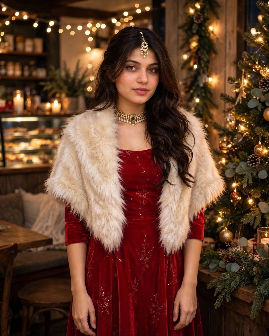 Young woman in a red velvet midi dress and cream faux-fur stole standing in a cosy cafe decorated with a Christmas tree and warm fairy lights
