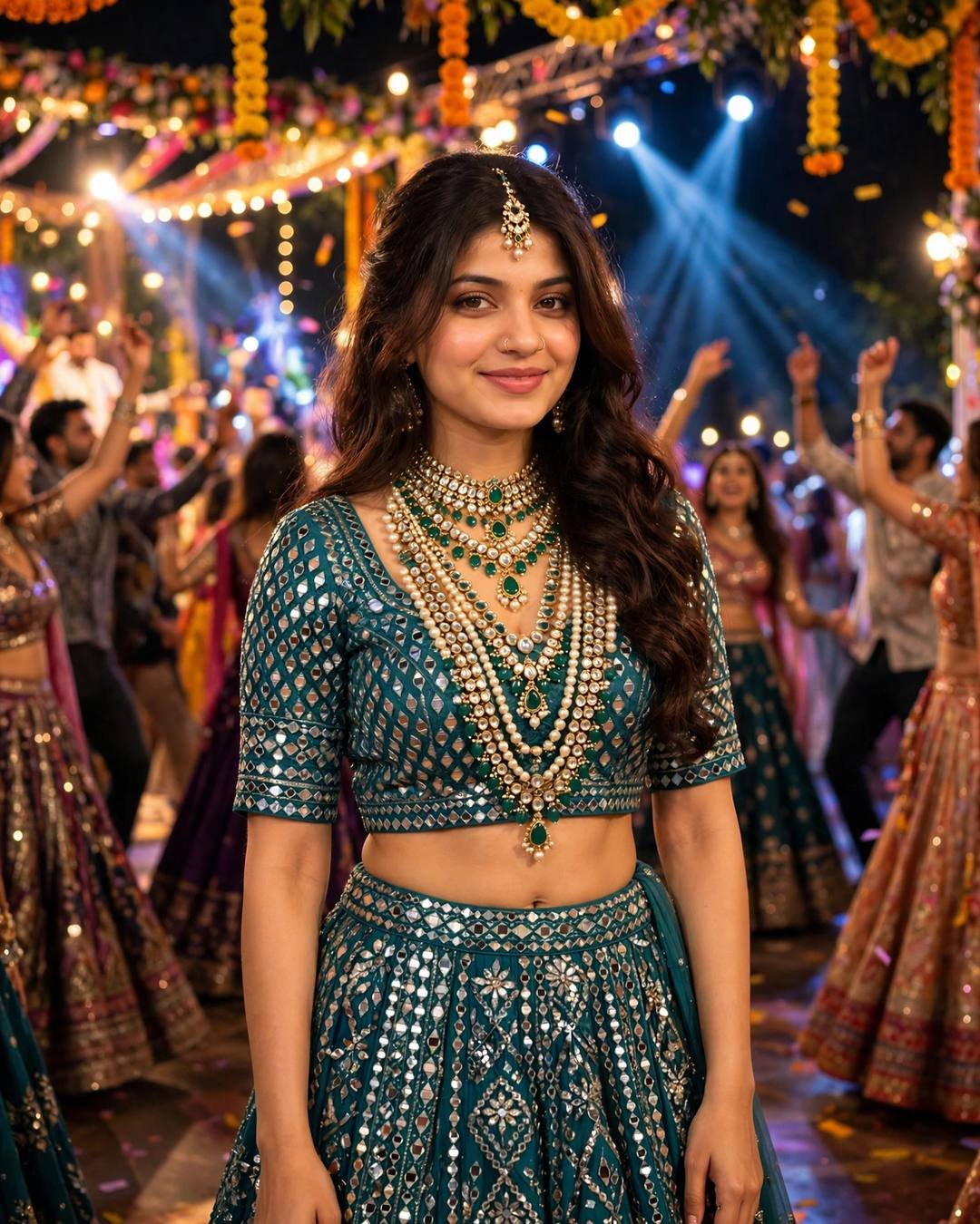 Young woman in a teal mirror-work lehenga with layered necklaces standing on a sangeet stage with dramatic spotlights and a dancing crowd