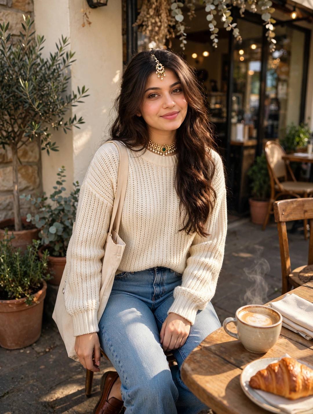 Young woman in a cream knit sweater and mom jeans seated at a sunlit corner cafe table with a steaming cortado and croissant