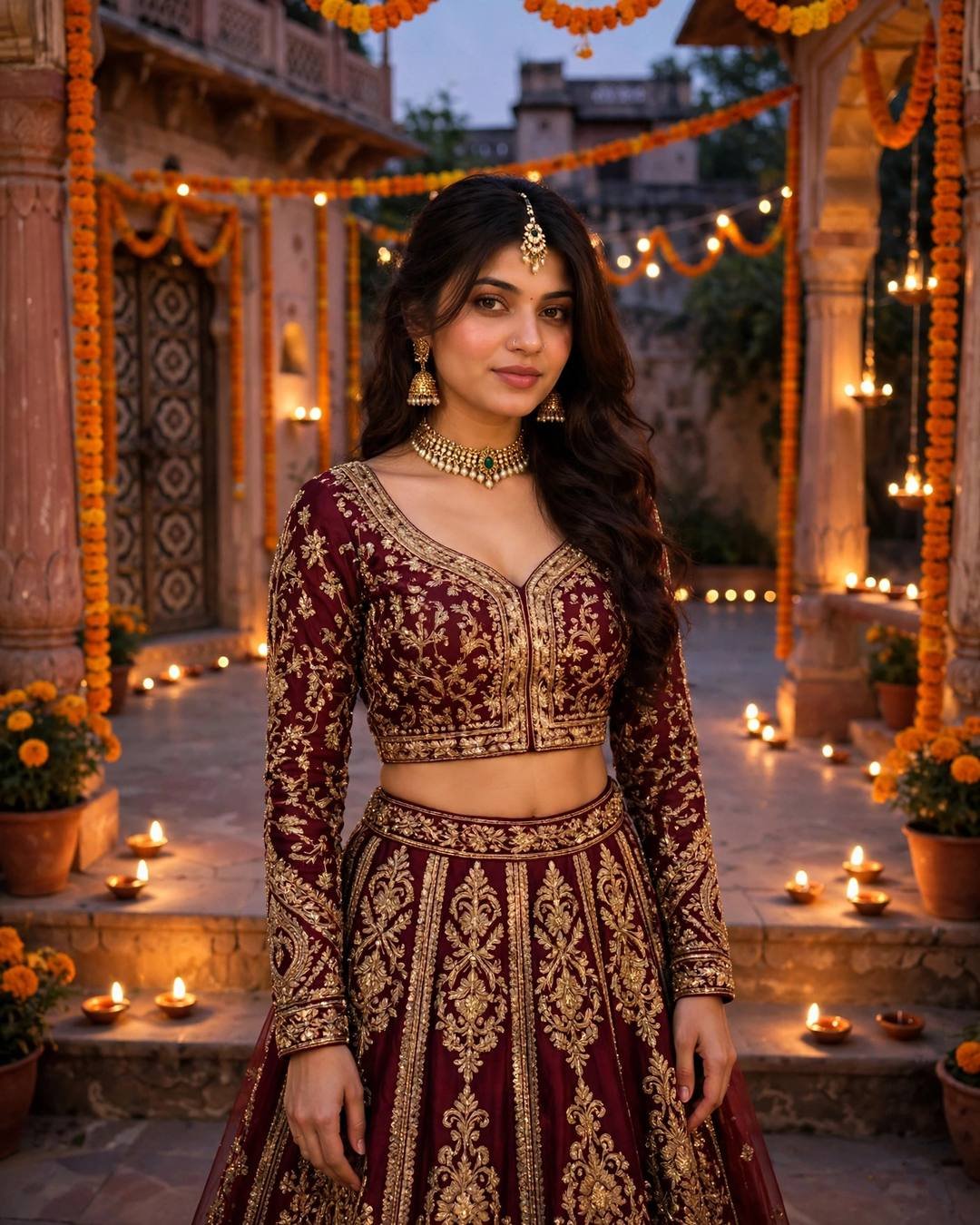 Young woman in a deep-maroon silk lehenga with gold zardozi standing in a courtyard lit by diyas and marigold torans at dusk