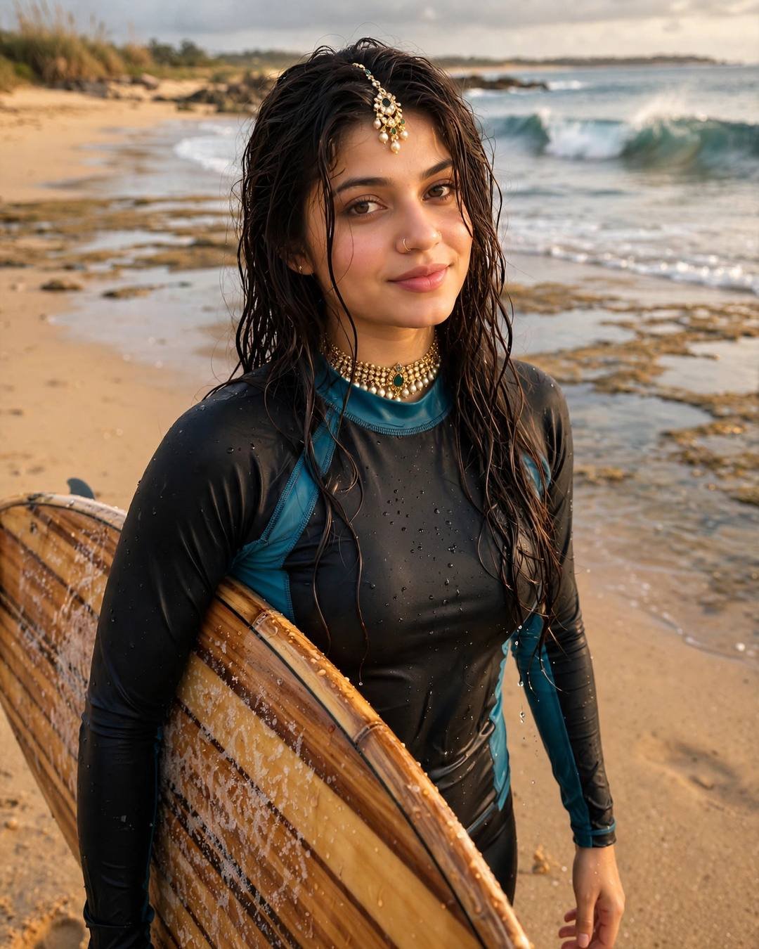 Young woman in a black-and-teal rash guard holding a wooden surfboard on a golden beach at low tide