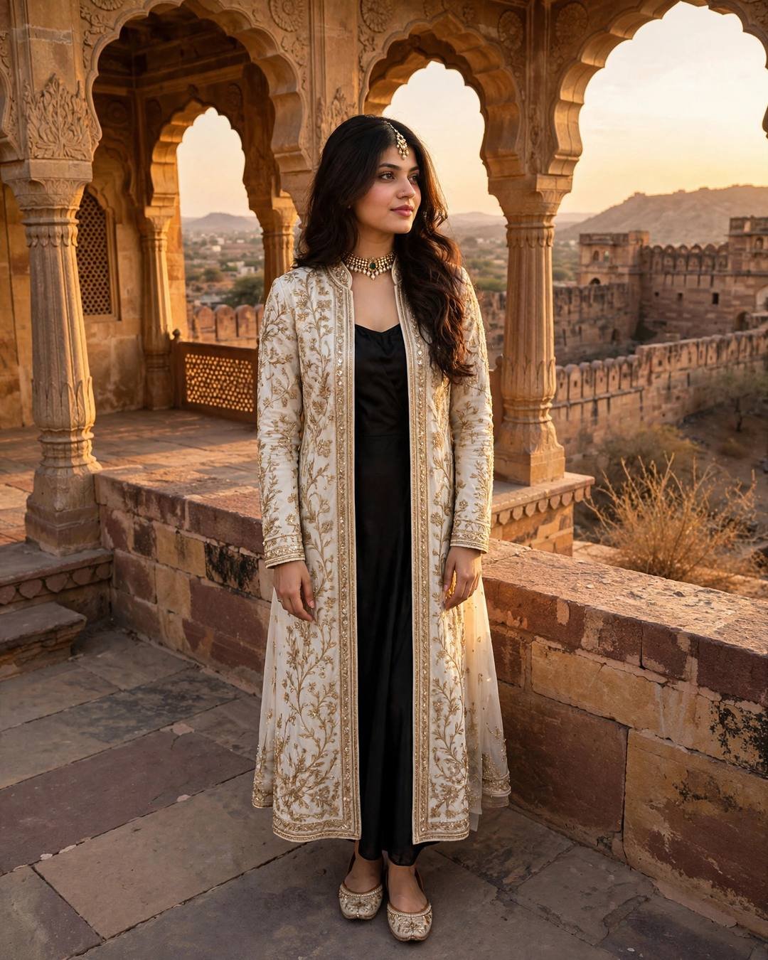 Young woman in an ivory embroidered long jacket over a black slip dress standing under sandstone fort arches at golden hour