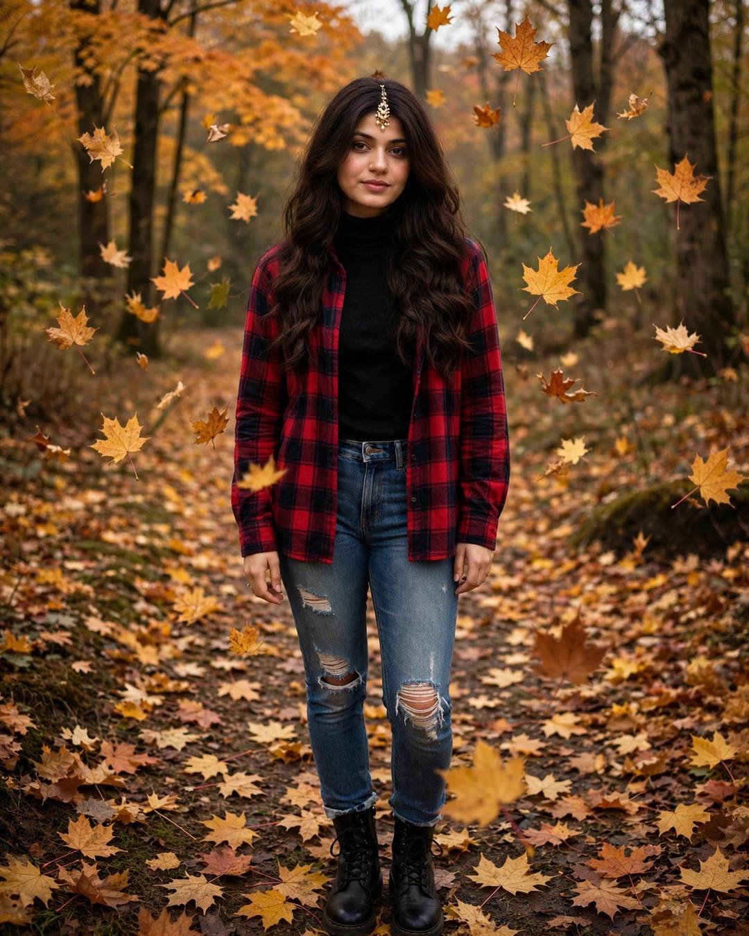 Young woman in a red plaid flannel shirt over a black turtleneck, ripped jeans and combat boots standing on an autumn maple forest path with golden leaves falling