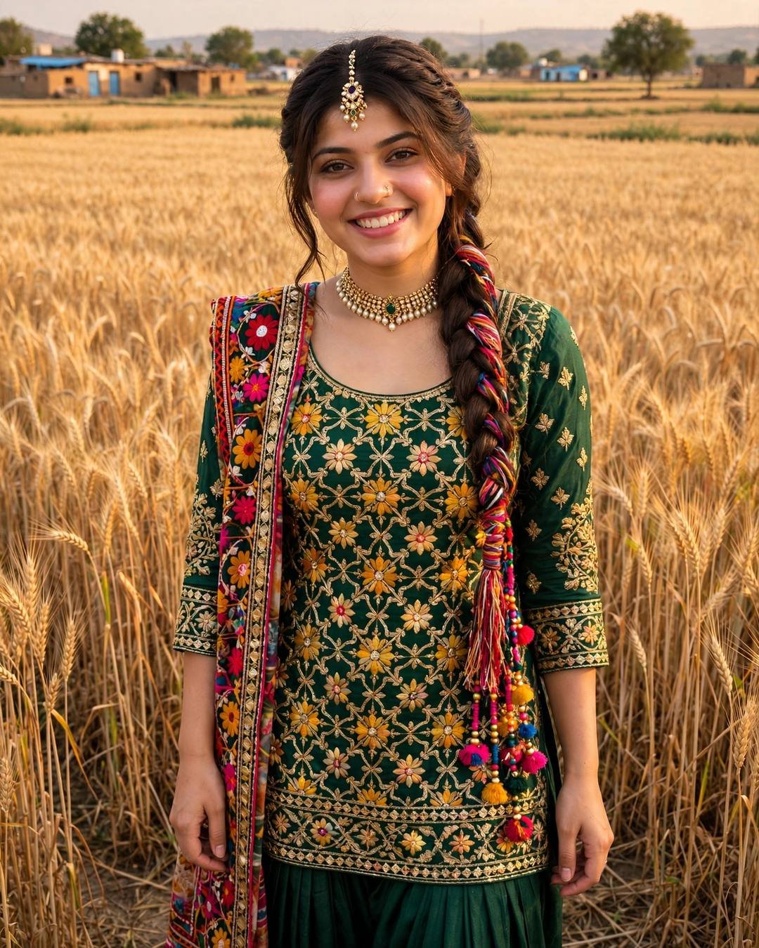Young woman smiling in an emerald-green embroidered patiala suit with a colourful phulkari dupatta and parandi braid, standing in golden Punjab wheat fields with a village behind her